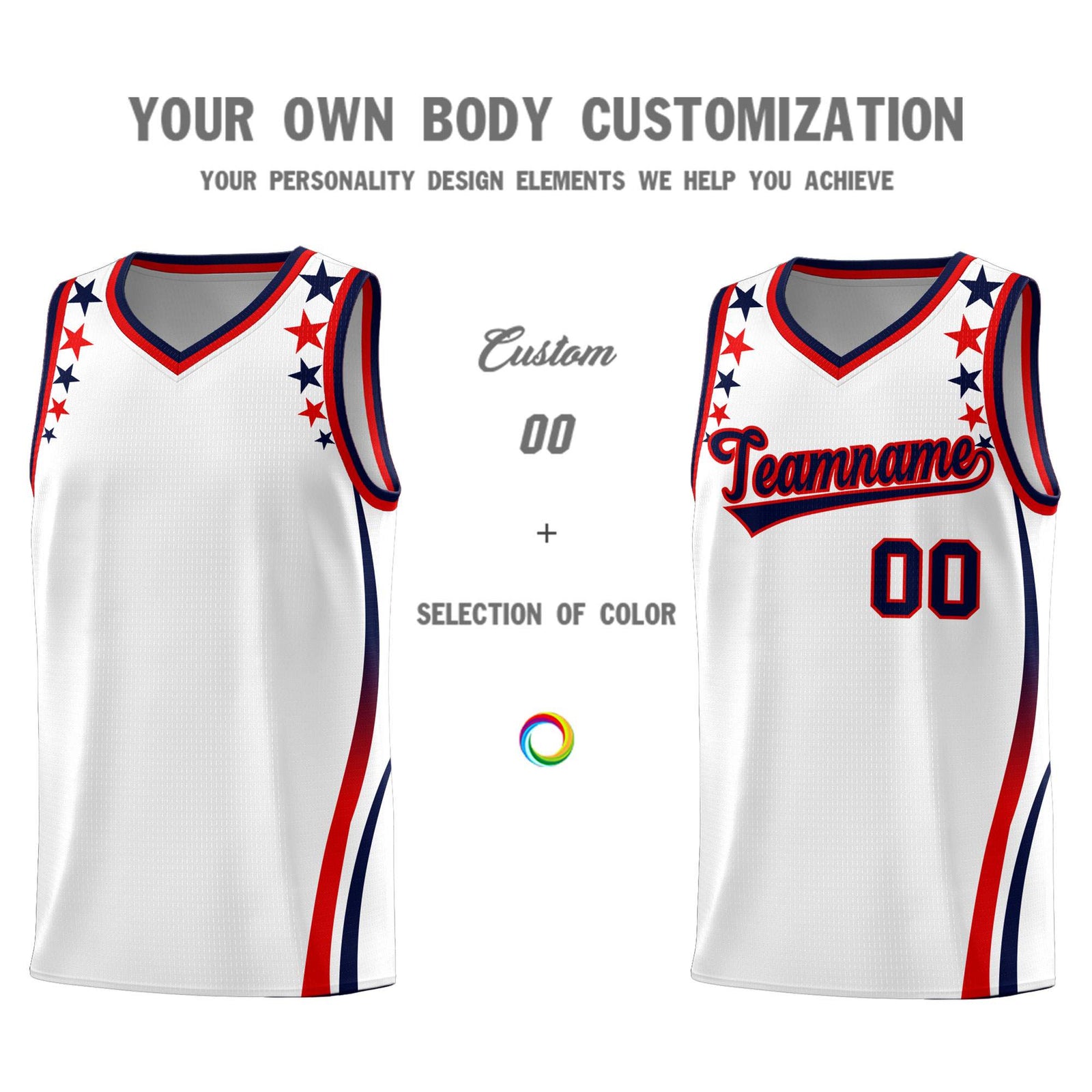 Custom White Shoulders Star Pattern Side Color Block Sports Uniform Basketball Kits