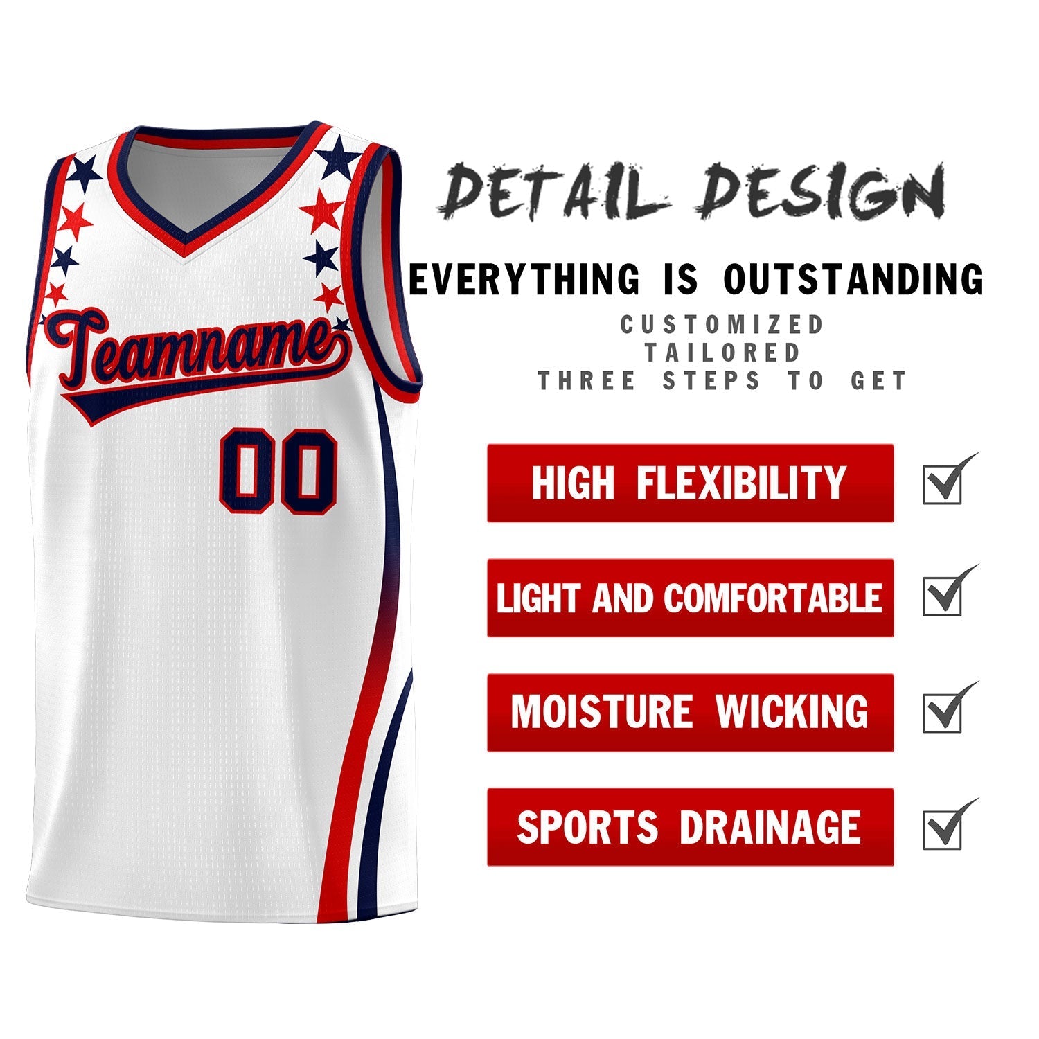 Custom White Shoulders Star Pattern Side Color Block Sports Uniform Basketball Kits
