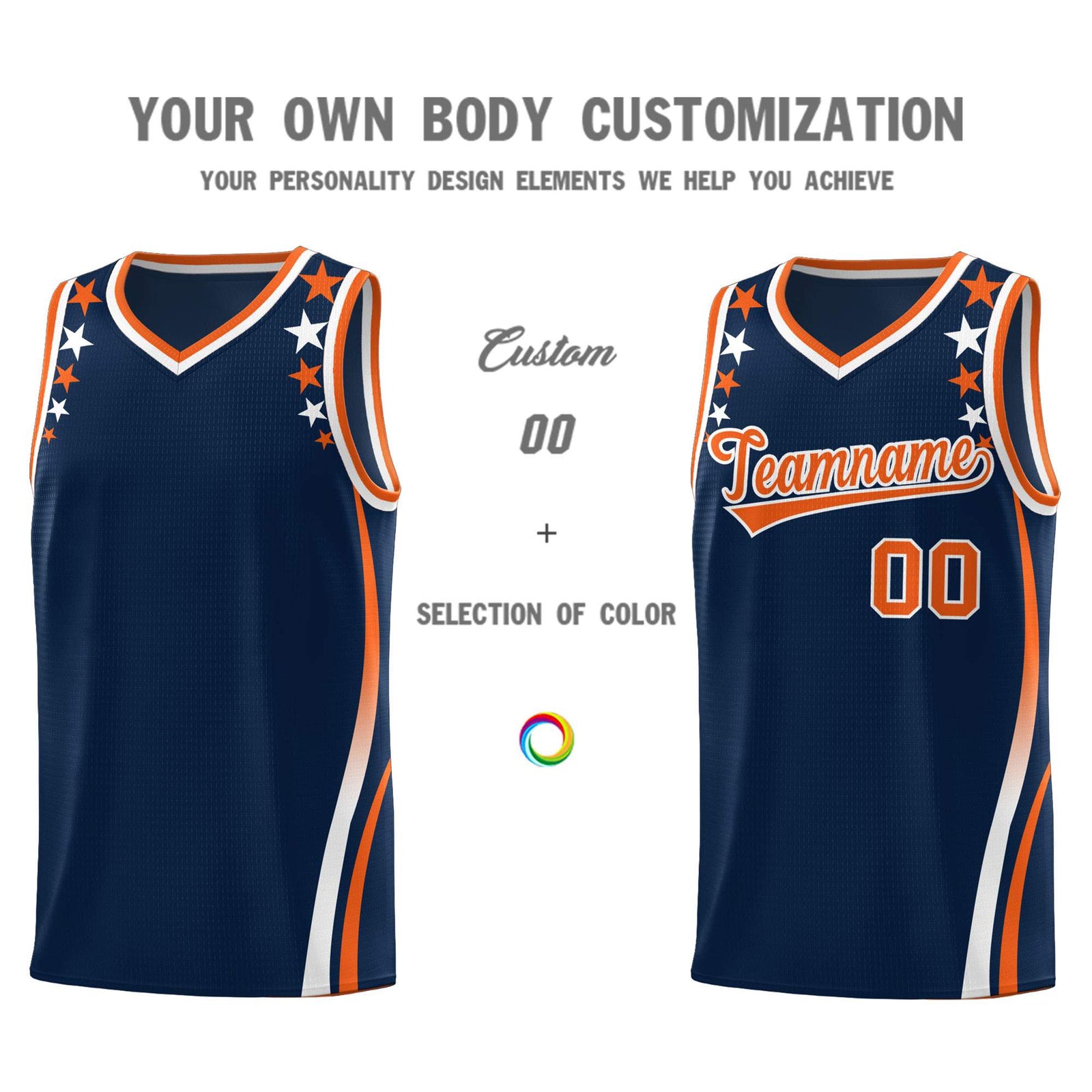 Custom Navy Shoulders Star Pattern Side Color Block Sports Uniform Basketball Kits