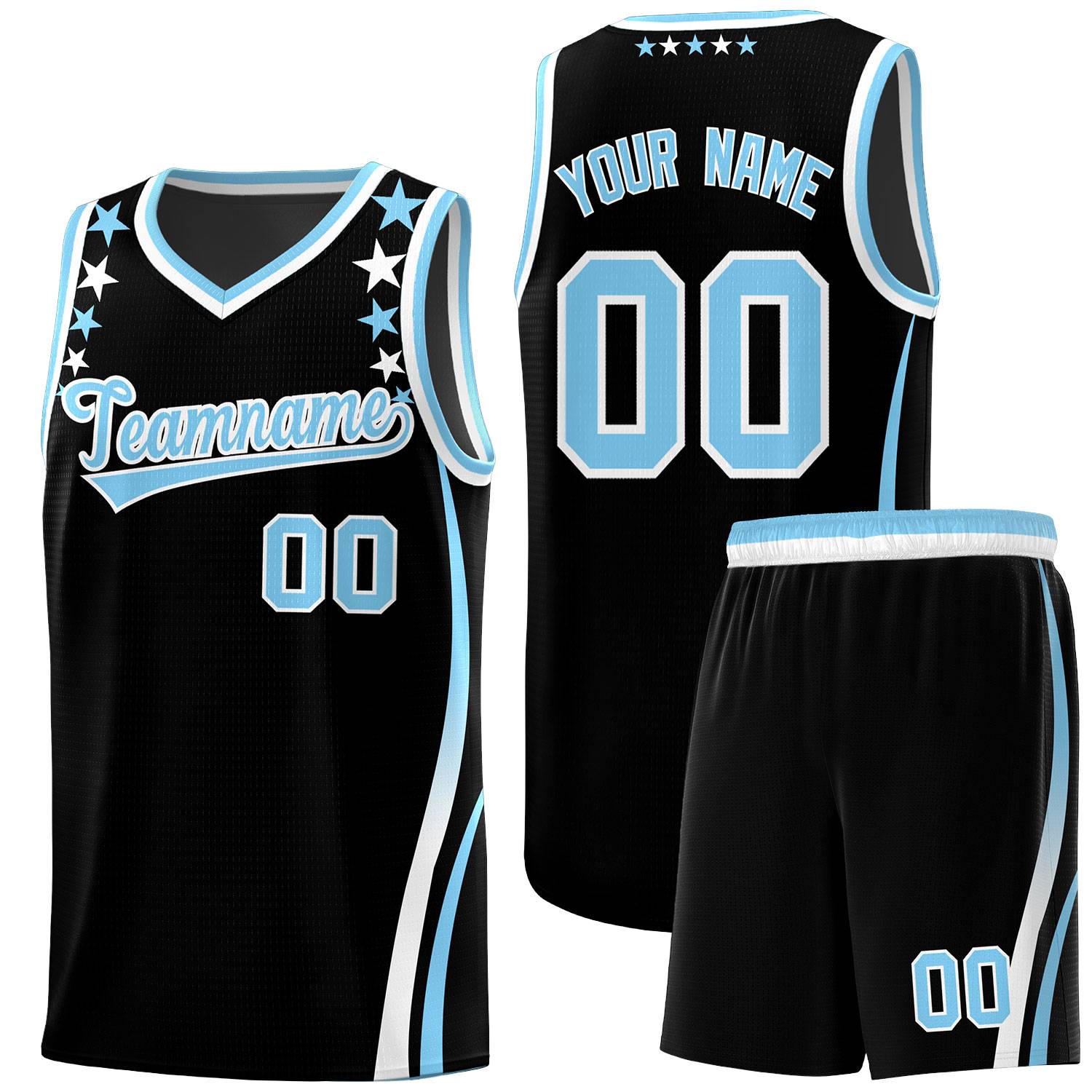 Custom Black Shoulders Star Pattern Side Color Block Sports Uniform Basketball Kits
