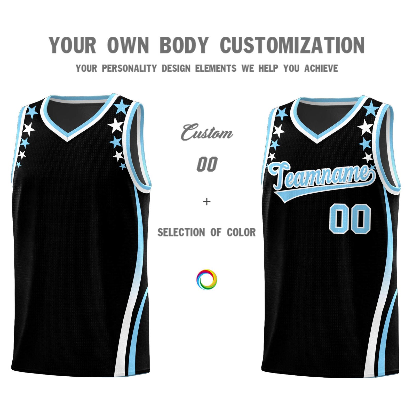 Custom Black Shoulders Star Pattern Side Color Block Sports Uniform Basketball Kits