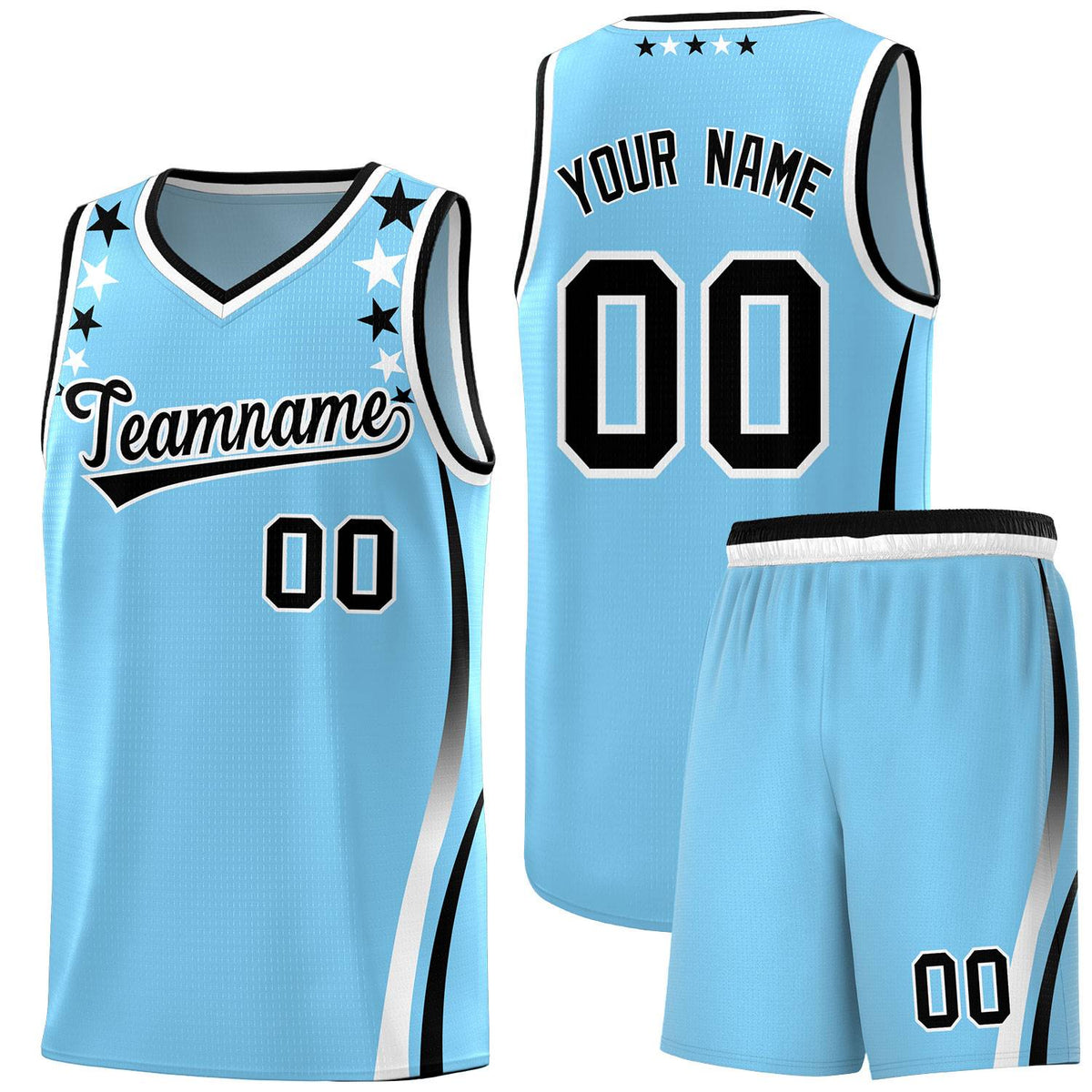 Custom Light Blue Shoulders Star Pattern Side Color Block Sports Uniform Basketball Kits