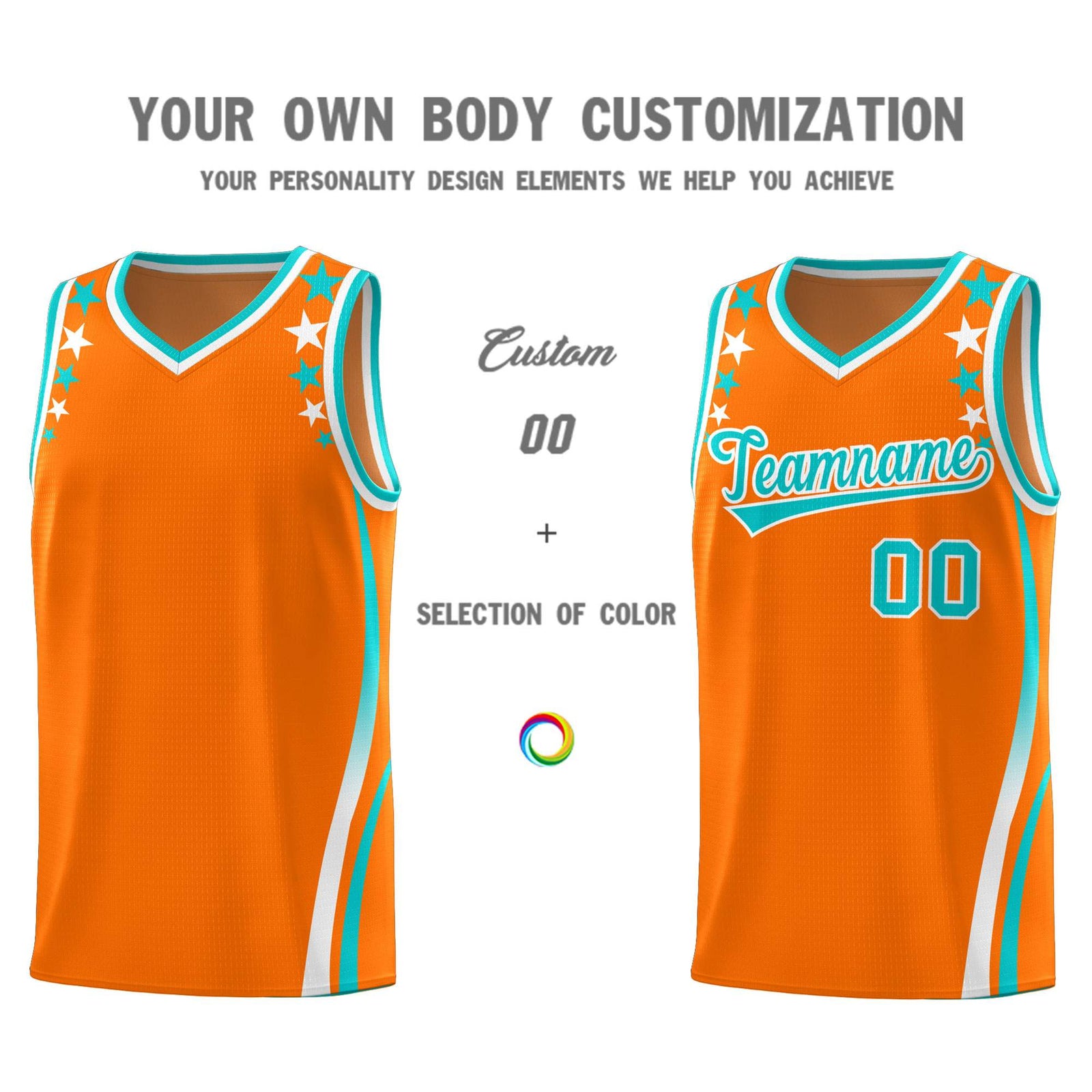 Custom Orange Shoulders Star Pattern Side Color Block Sports Uniform Basketball Kits