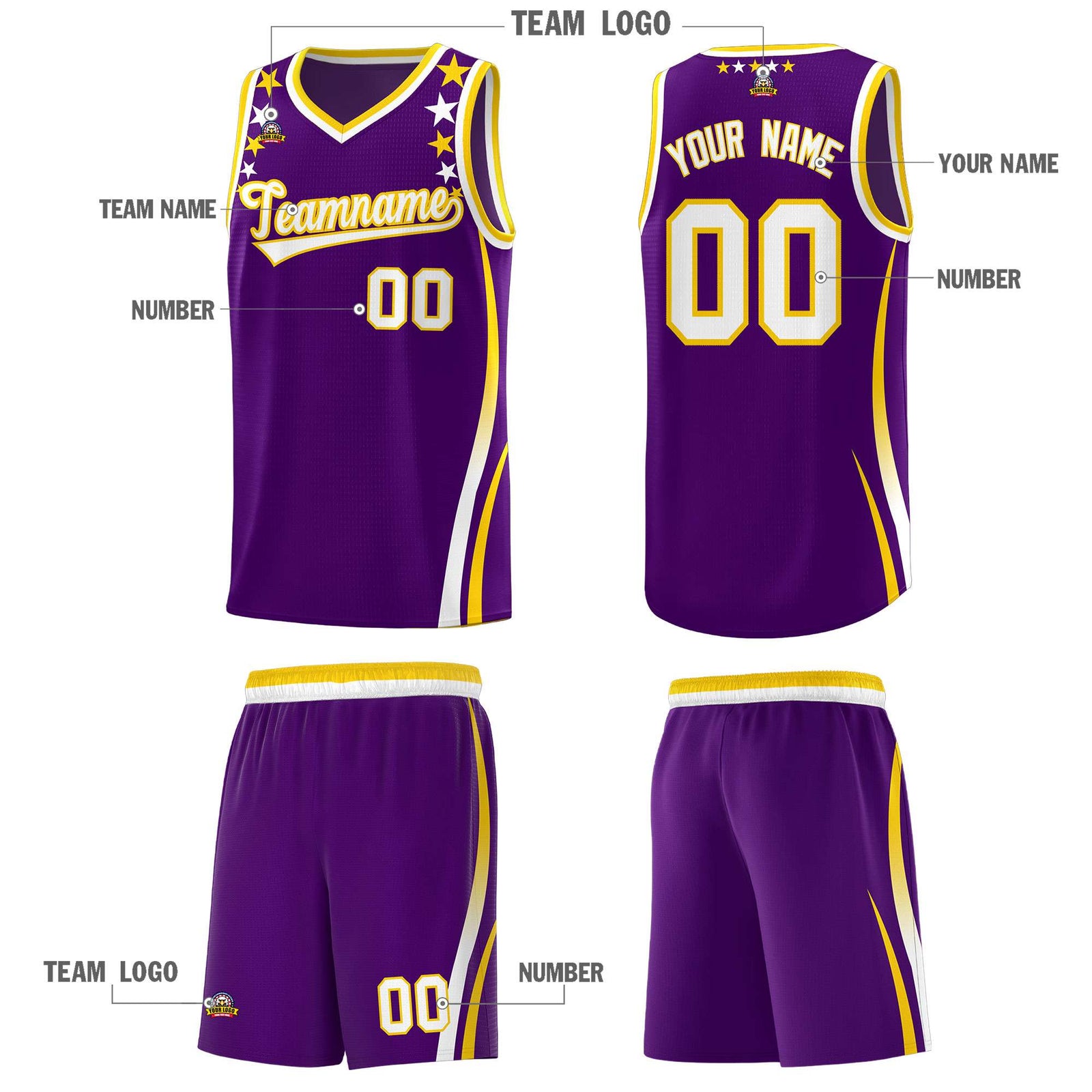 Custom Purple Shoulders Star Pattern Side Color Block Sports Uniform Basketball Kits
