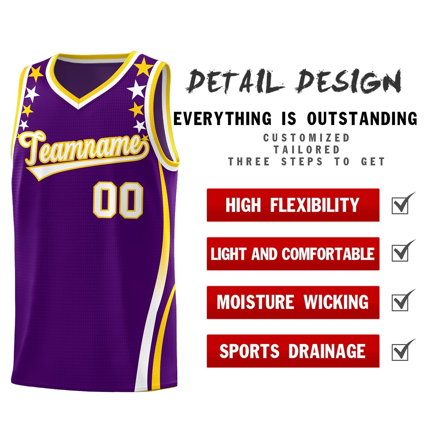 Custom Purple Shoulders Star Pattern Side Color Block Sports Uniform Basketball Kits