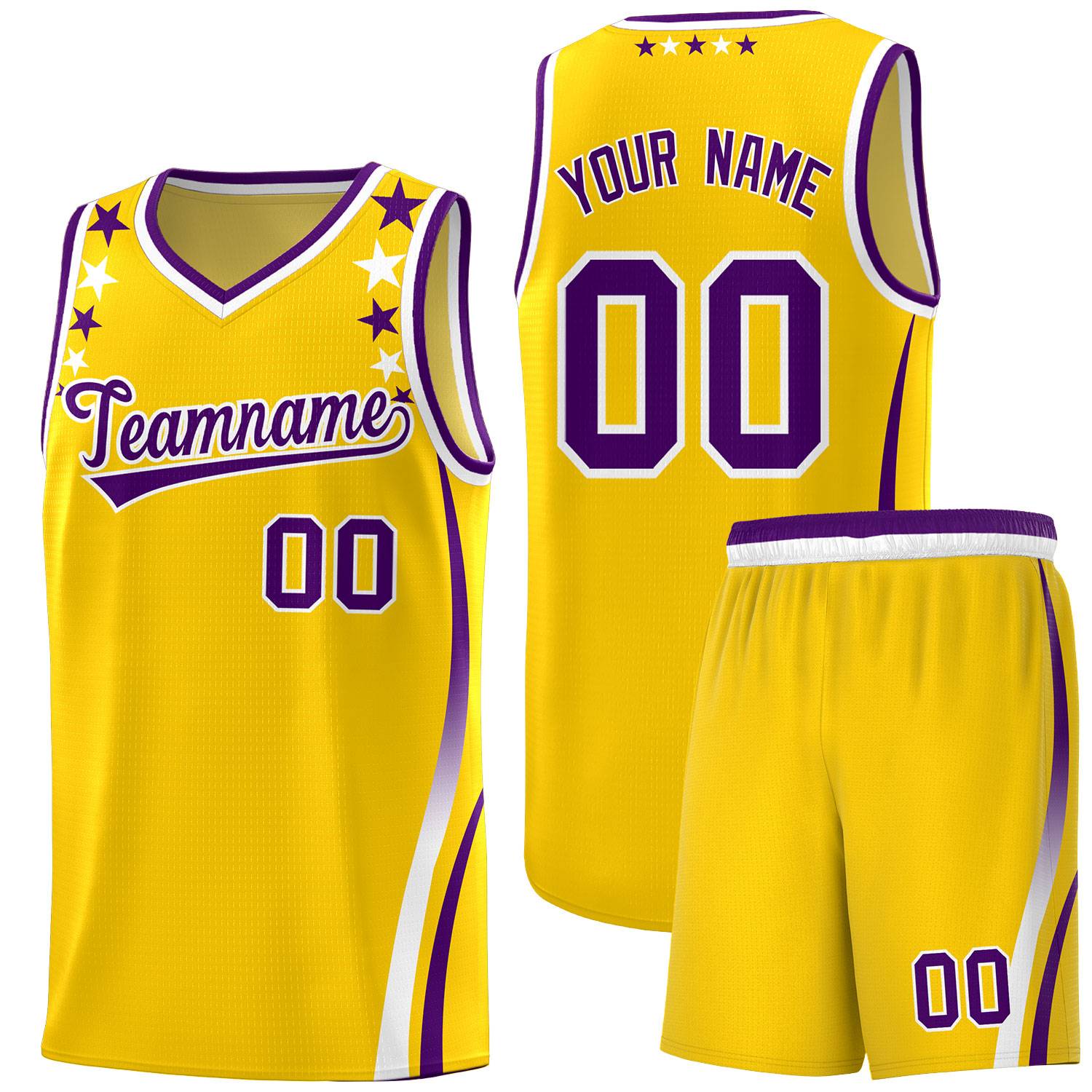 Custom Gold Shoulders Star Pattern Side Color Block Sports Uniform Basketball Kits