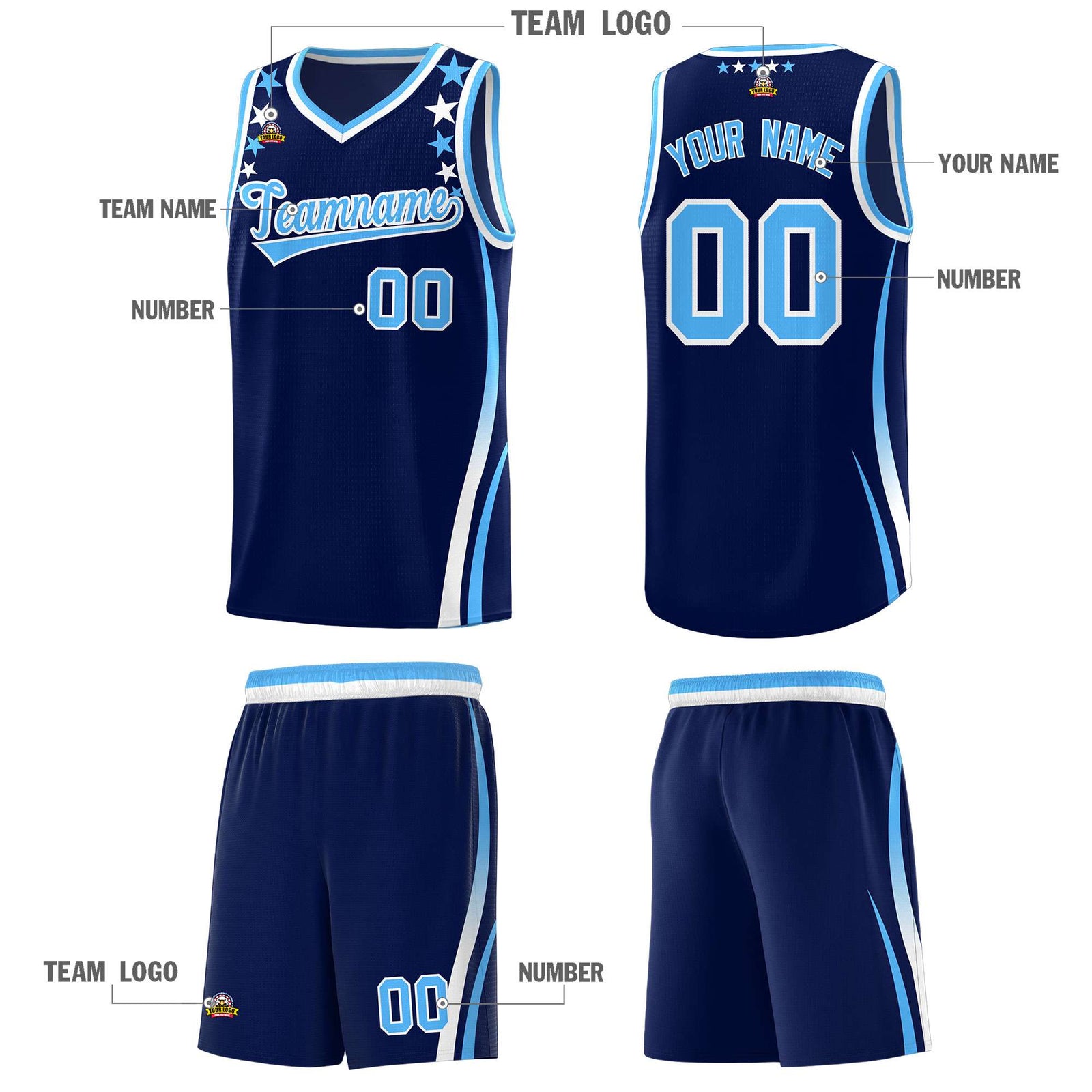 Custom Navy Shoulders Star Pattern Side Color Block Sports Uniform Basketball Kits