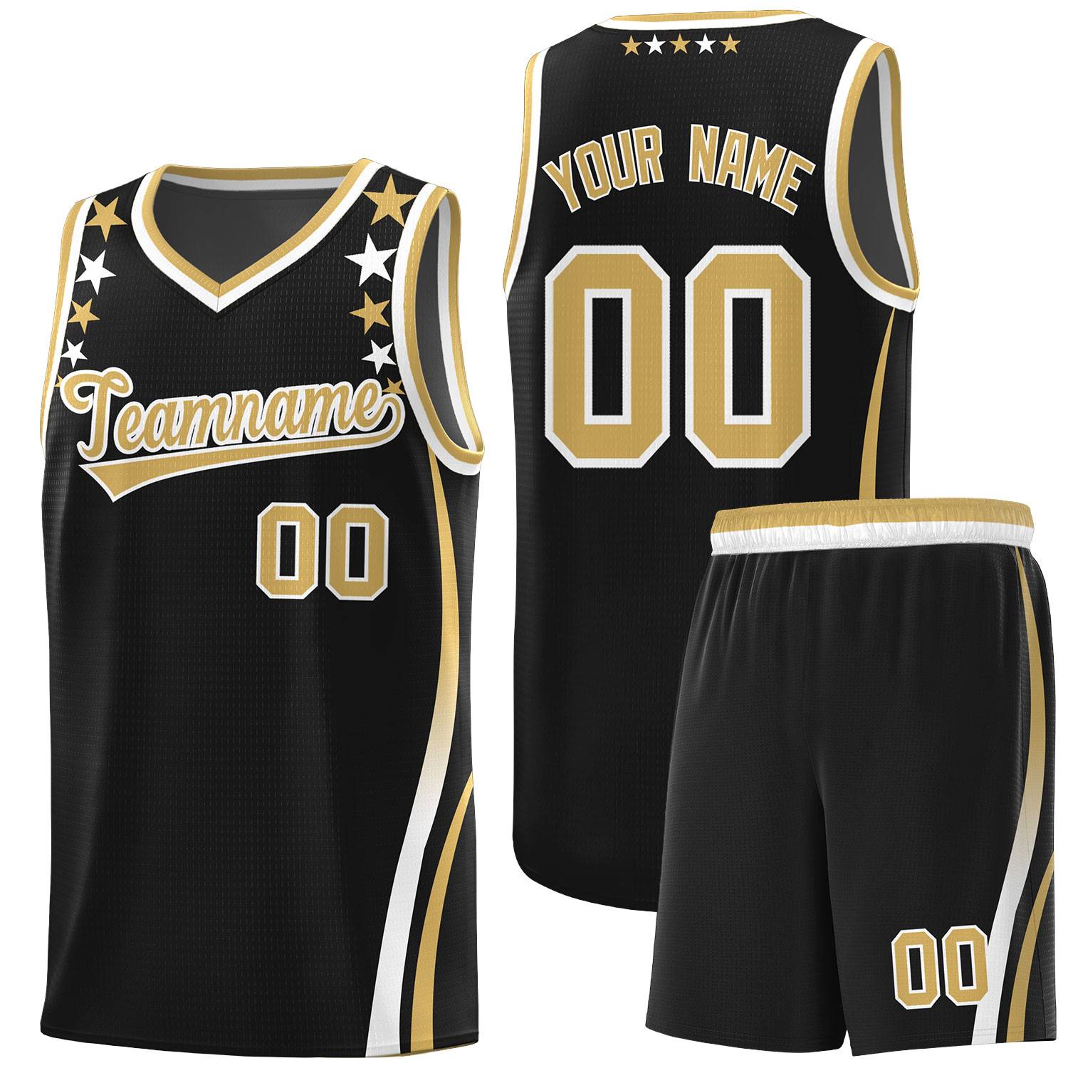 Custom Black Shoulders Star Pattern Side Color Block Sports Uniform Basketball Kits