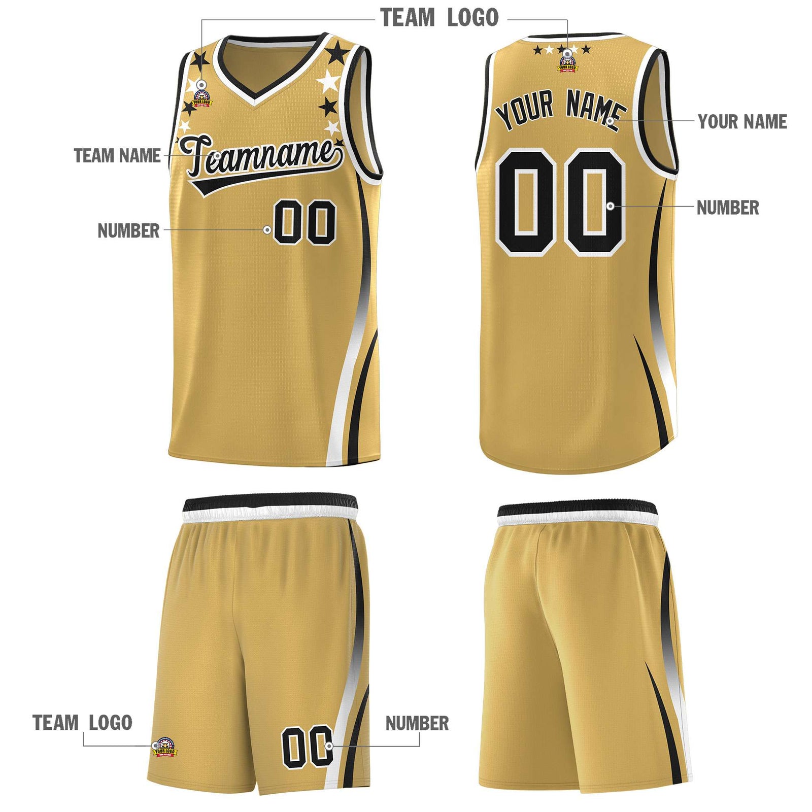 Custom Old Gold Shoulders Star Pattern Side Color Block Sports Uniform Basketball Kits