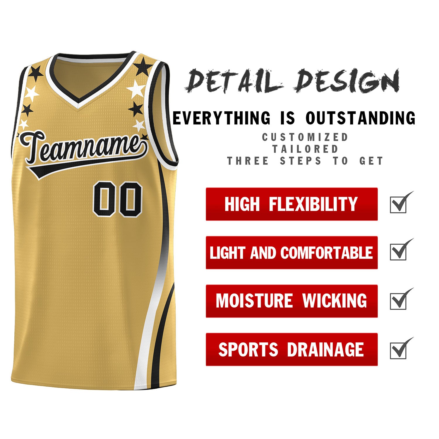 Custom Old Gold Shoulders Star Pattern Side Color Block Sports Uniform Basketball Kits