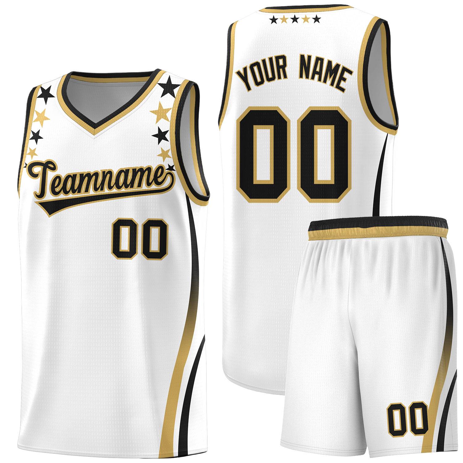 Custom White Shoulders Star Pattern Side Color Block Sports Uniform Basketball Kits
