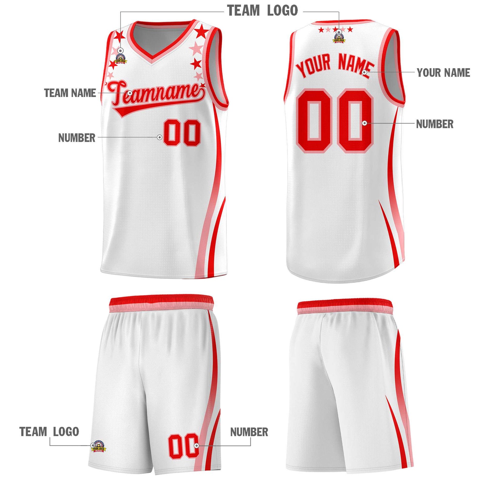 Custom White Shoulders Star Pattern Side Color Block Sports Uniform Basketball Kits