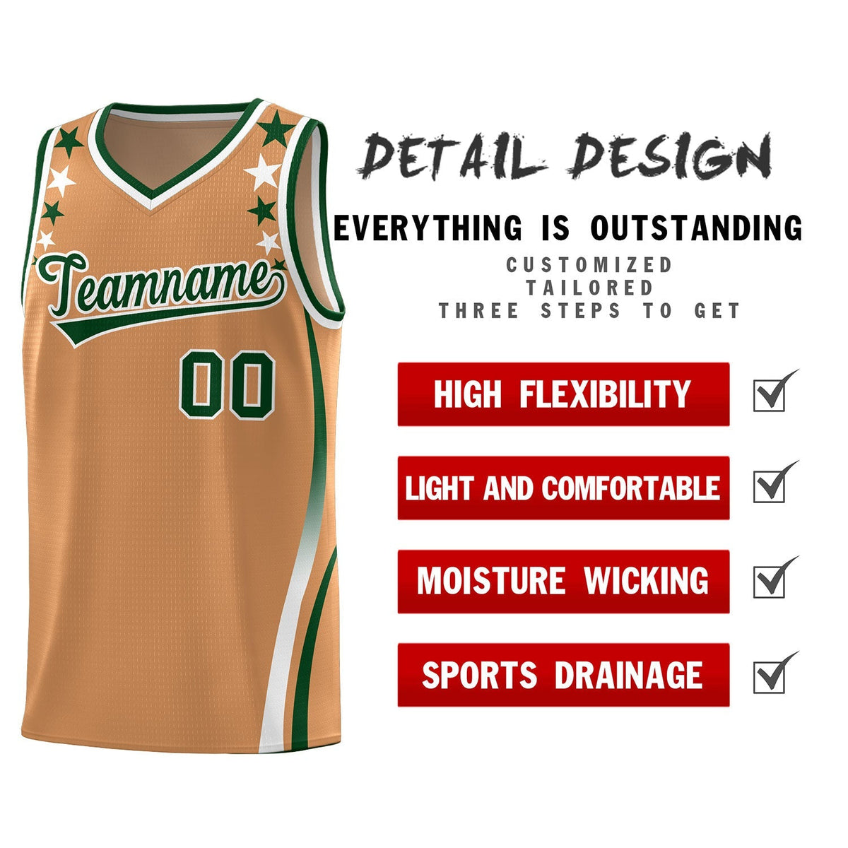 Custom Light Brown Shoulders Star Pattern Side Color Block Sports Uniform Basketball Kits