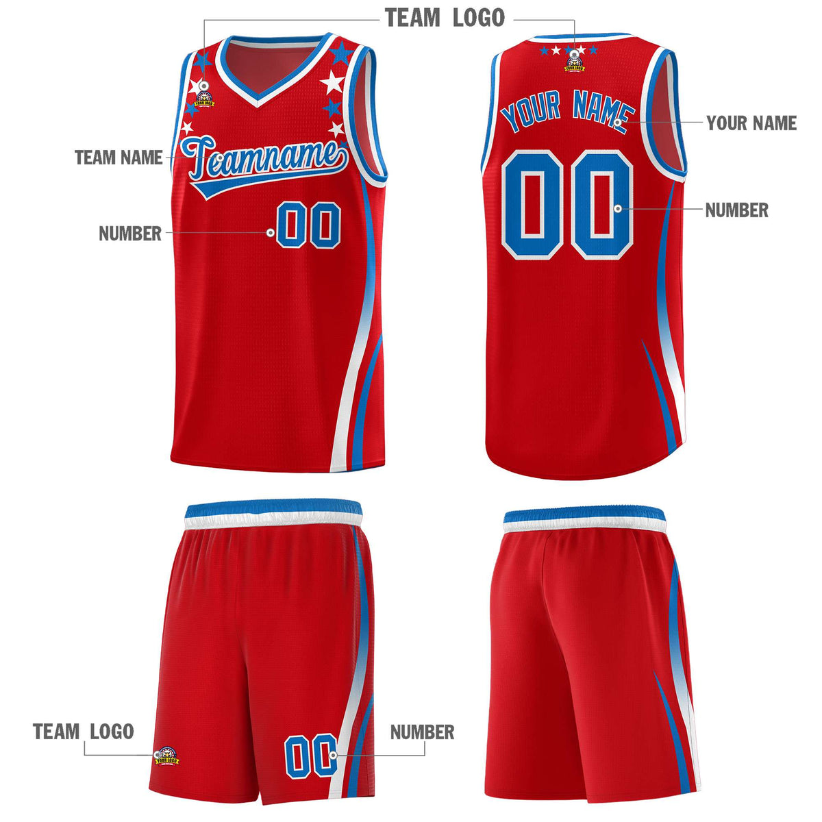 Custom Red Shoulders Star Pattern Side Color Block Sports Uniform Basketball Kits