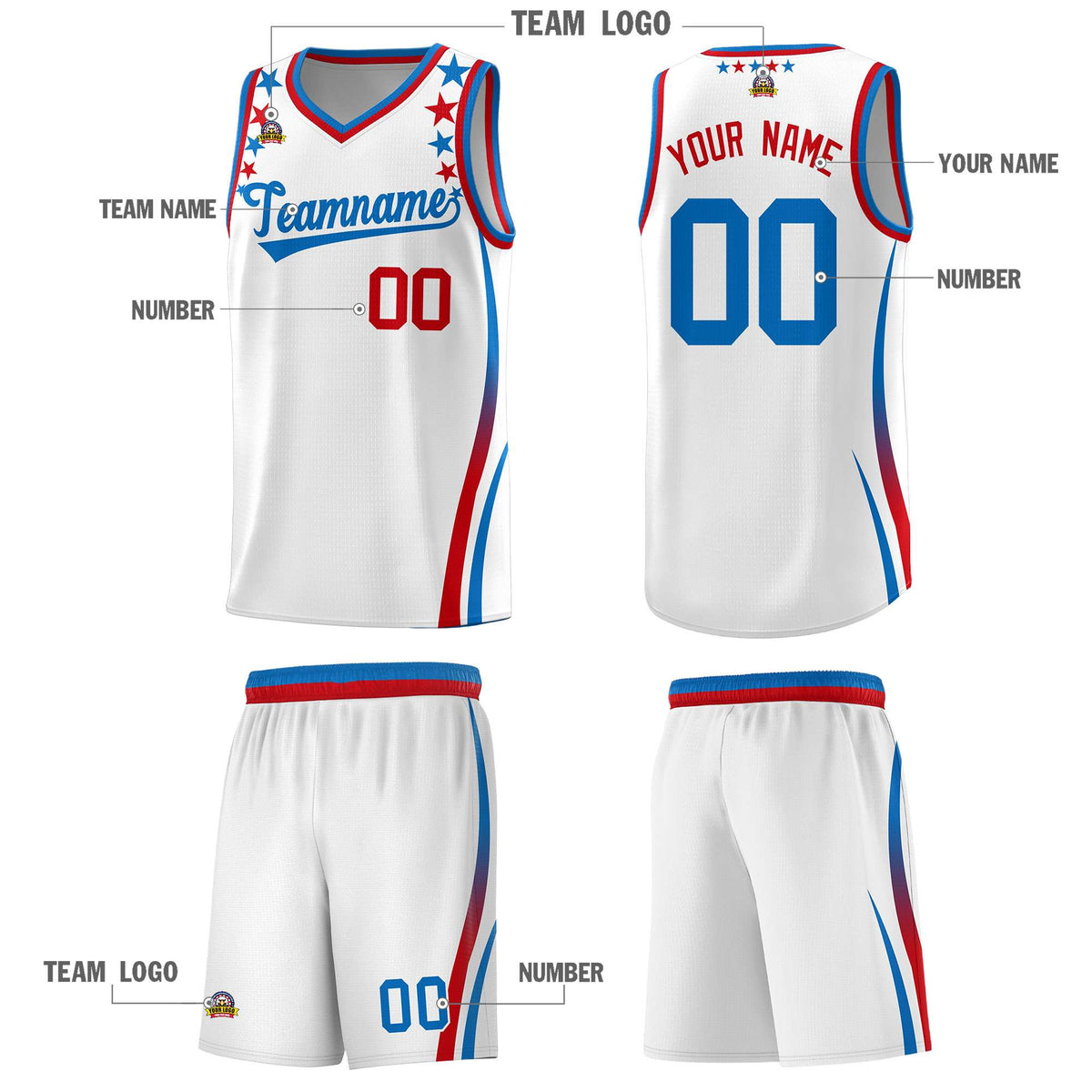 Custom White Shoulders Star Pattern Side Color Block Sports Uniform Basketball Kits