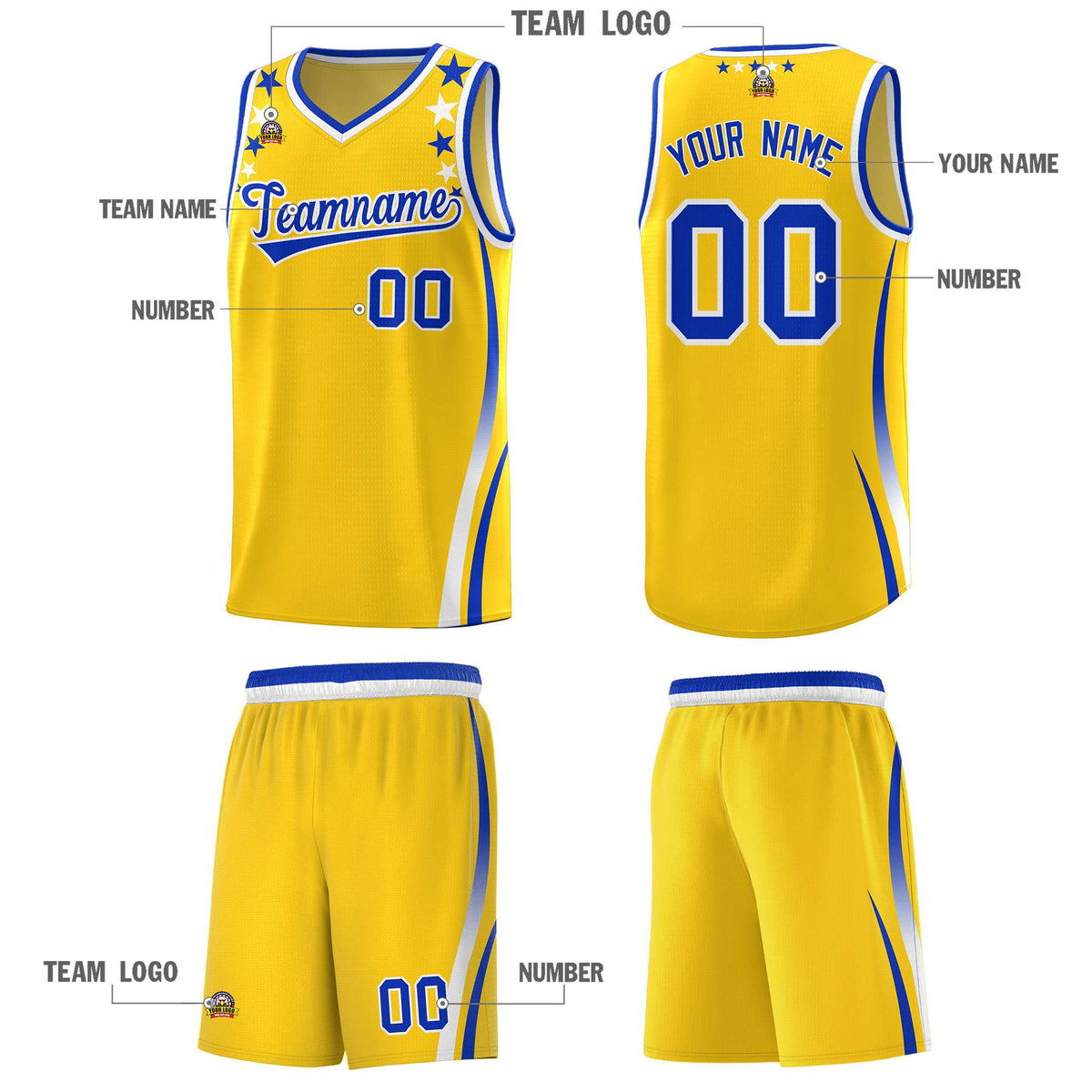 Custom Gold Shoulders Star Pattern Side Color Block Sports Uniform Basketball Kits