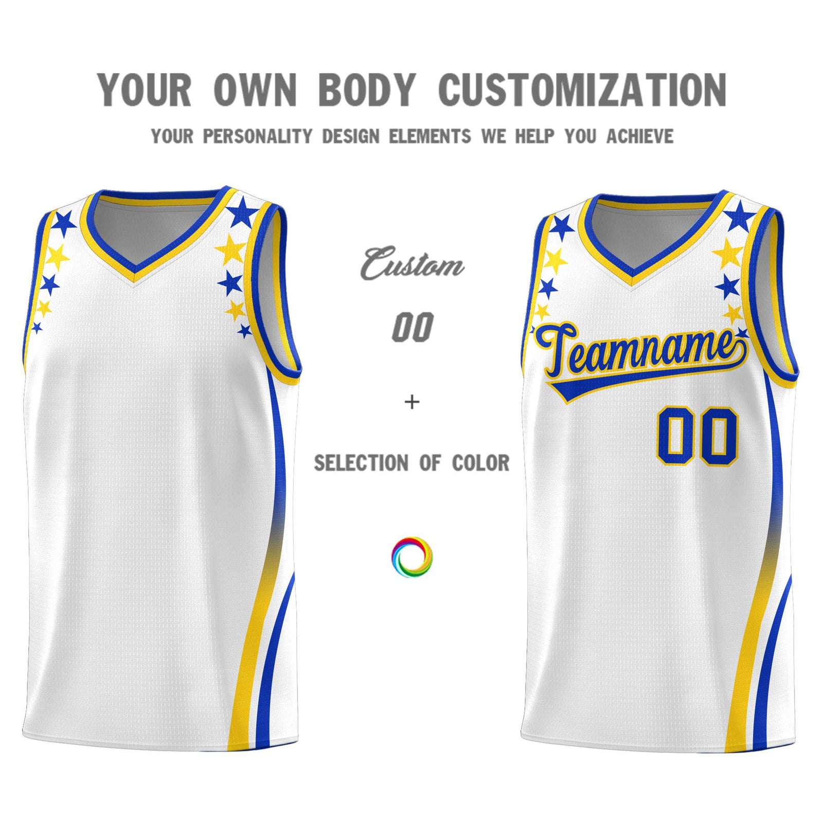 Custom White Shoulders Star Pattern Side Color Block Sports Uniform Basketball Kits