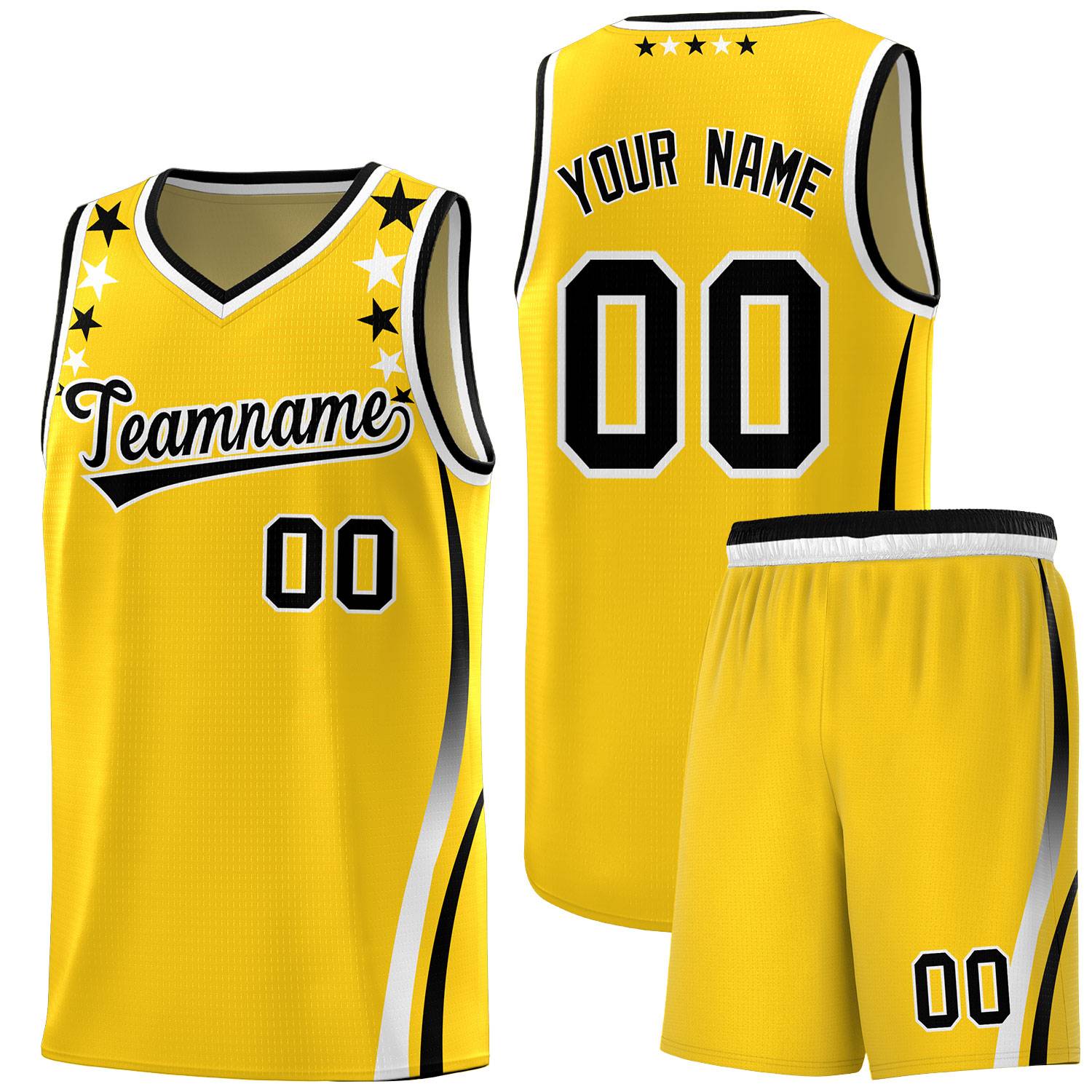 Custom Gold Shoulders Star Pattern Side Color Block Sports Uniform Basketball Kits