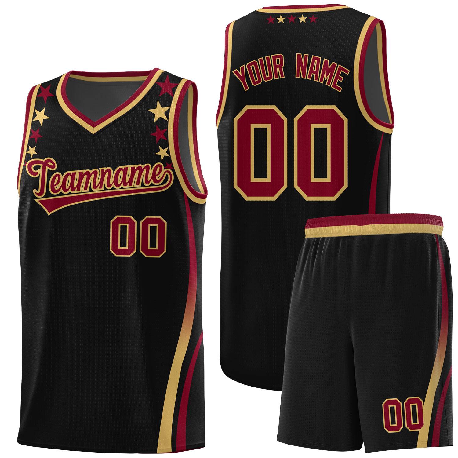 Custom Black Shoulders Star Pattern Side Color Block Sports Uniform Basketball Kits