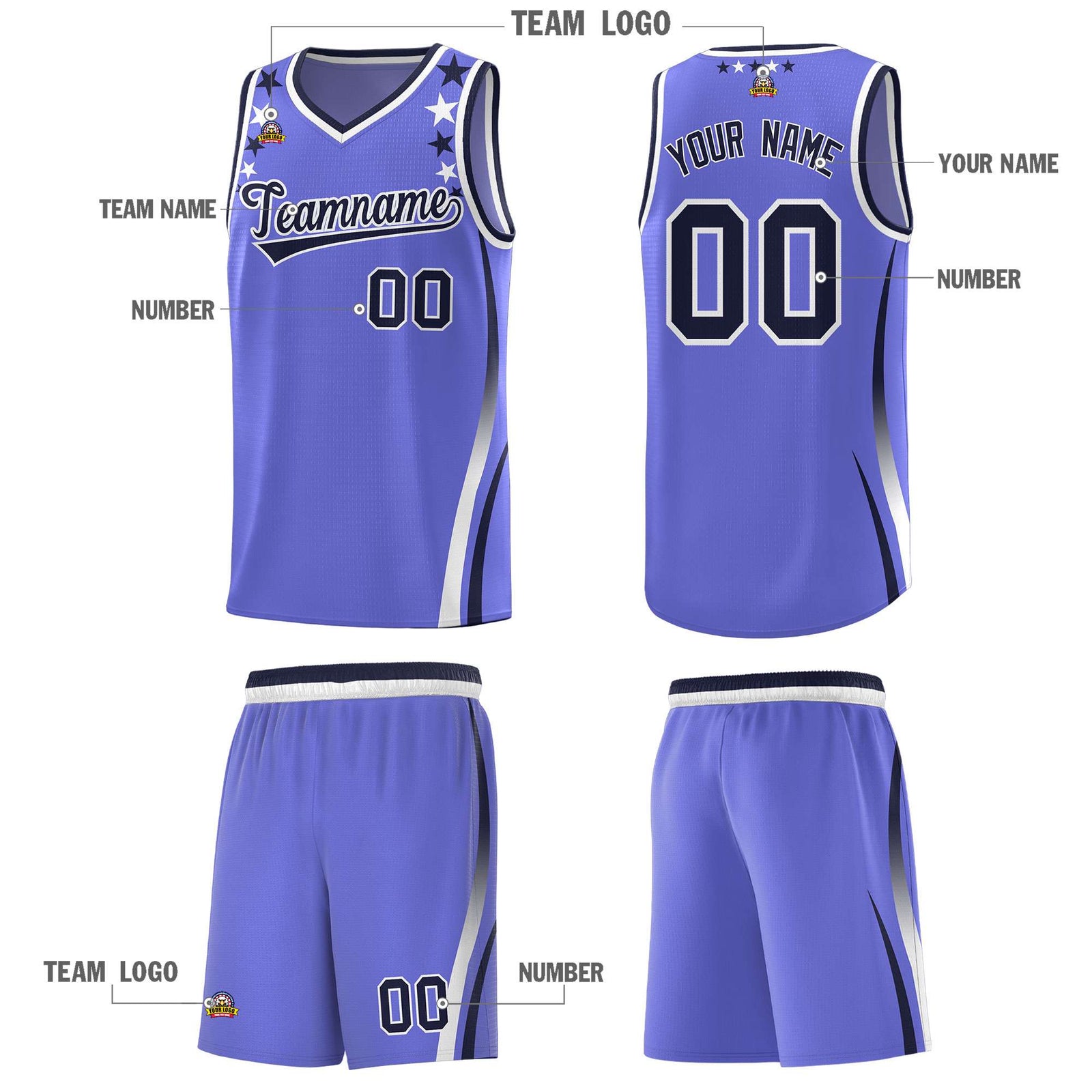 Custom Purple Shoulders Star Pattern Side Color Block Sports Uniform Basketball Kits