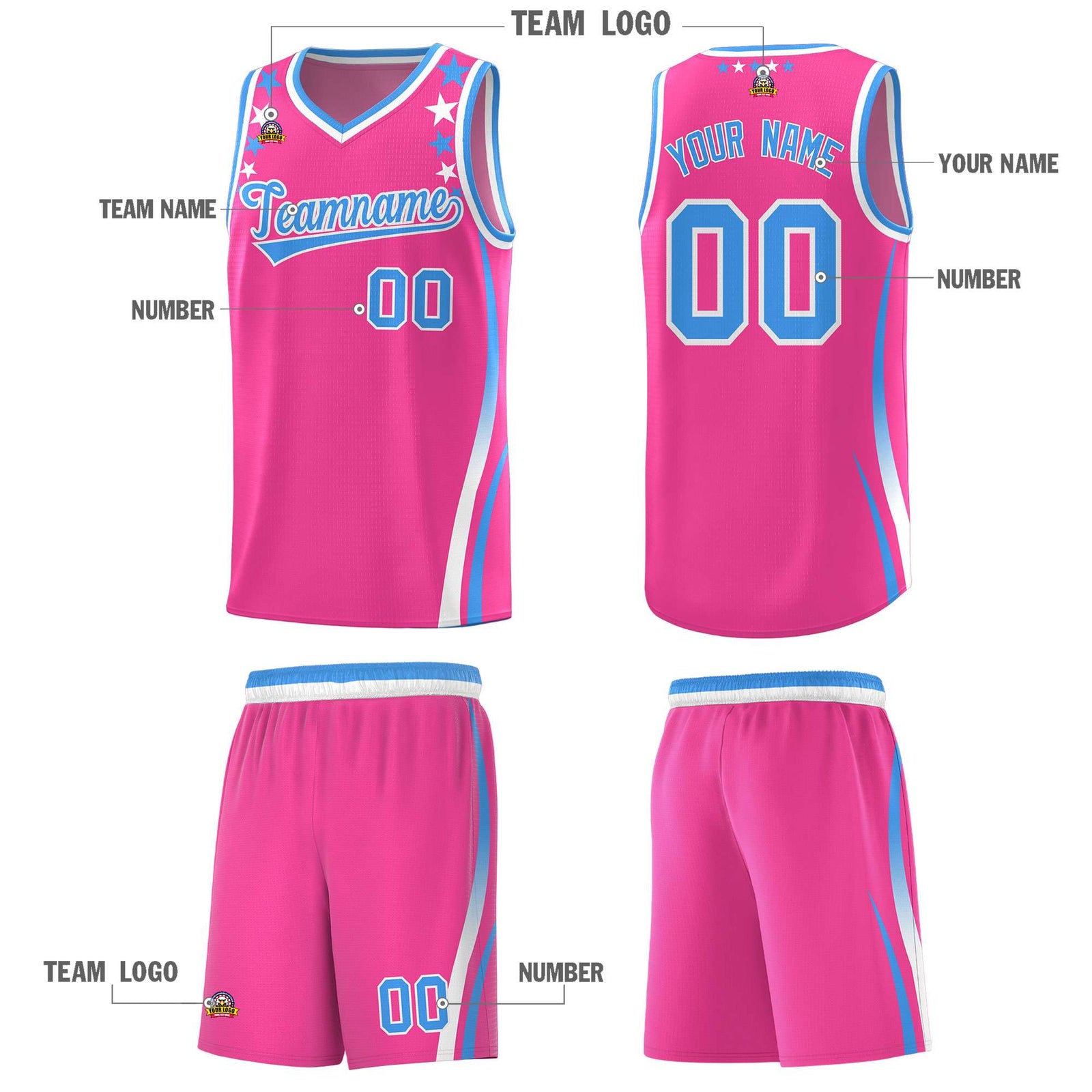 Custom Pink Shoulders Star Pattern Side Color Block Sports Uniform Basketball Kits