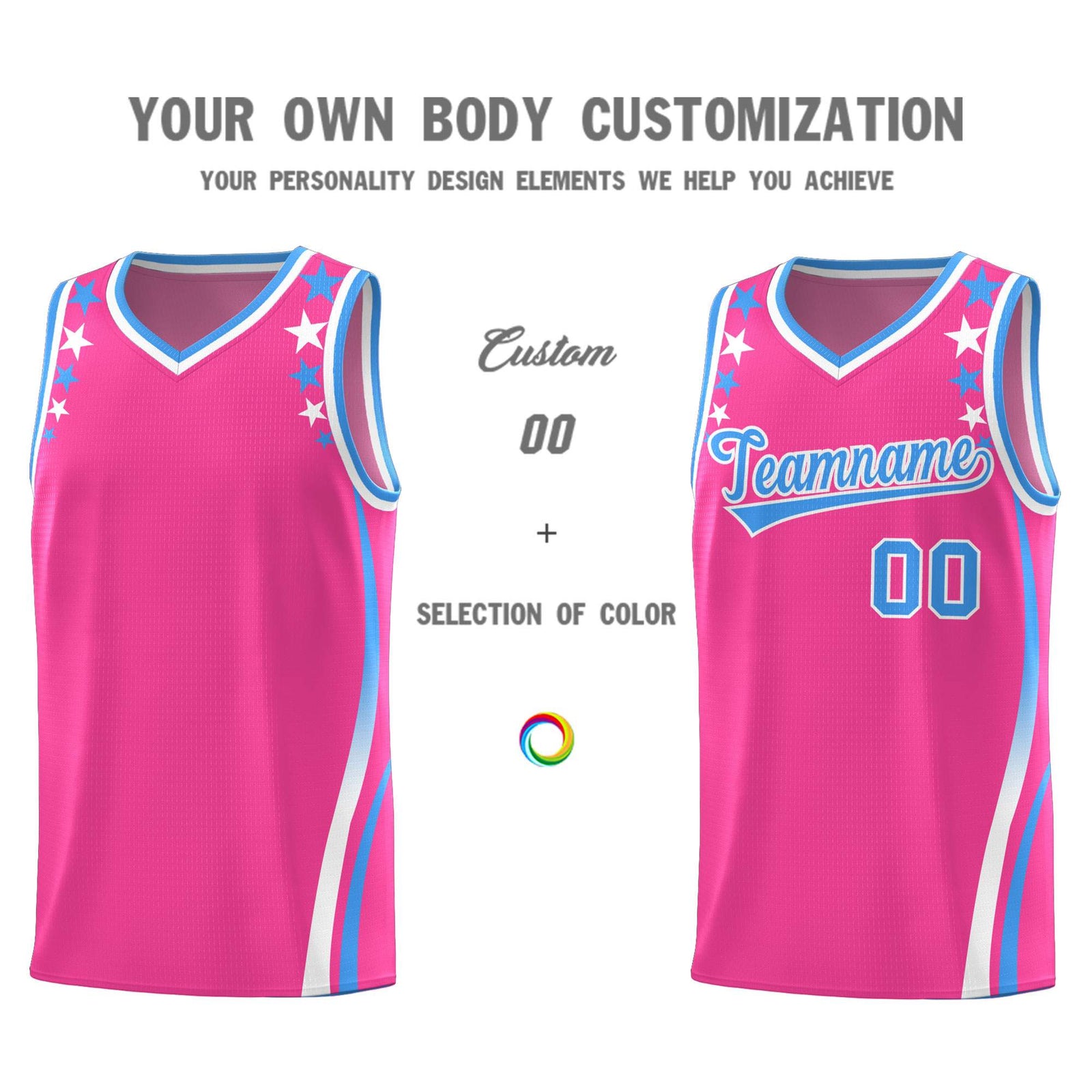 Custom Pink Shoulders Star Pattern Side Color Block Sports Uniform Basketball Kits