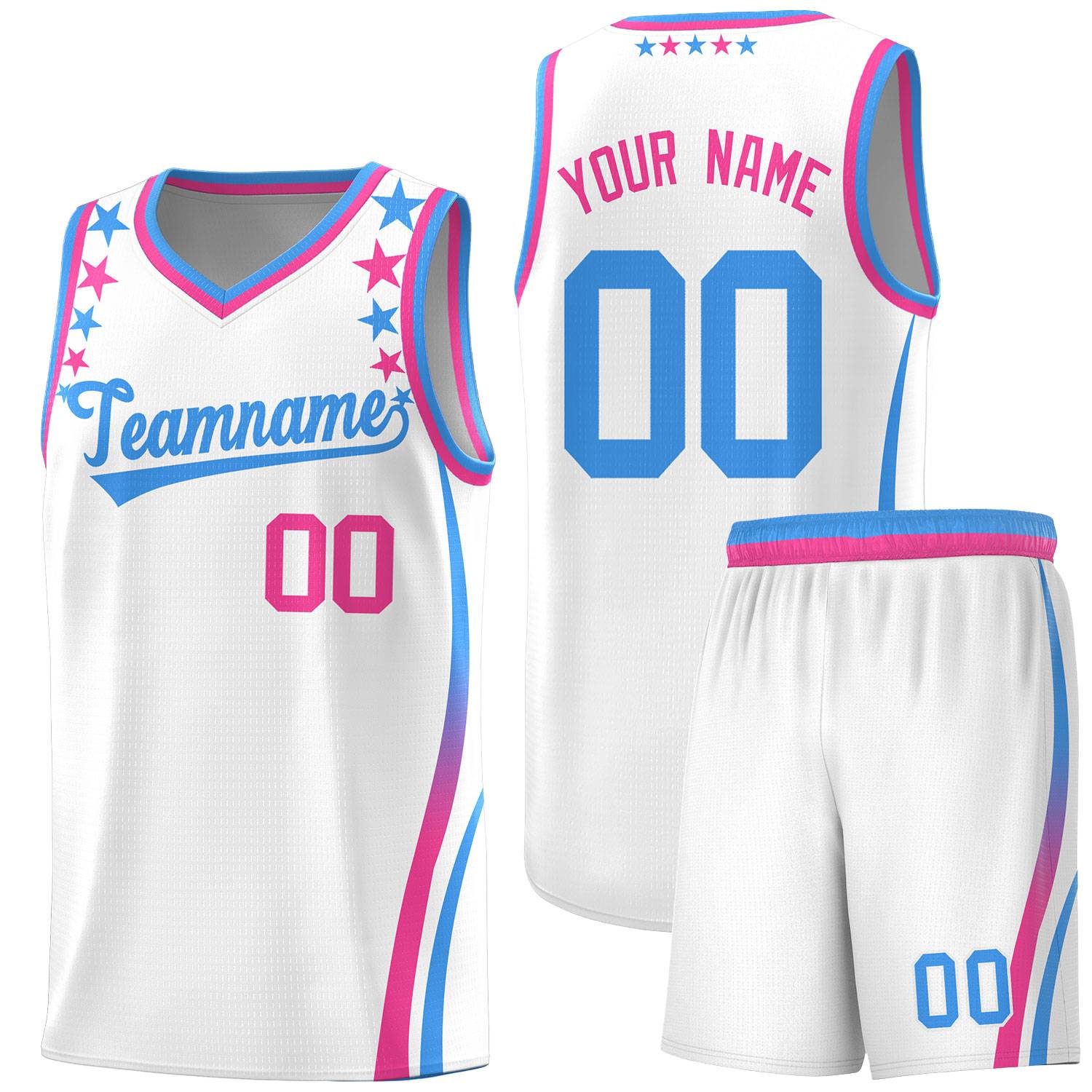 Custom White Shoulders Star Pattern Side Color Block Sports Uniform Basketball Kits