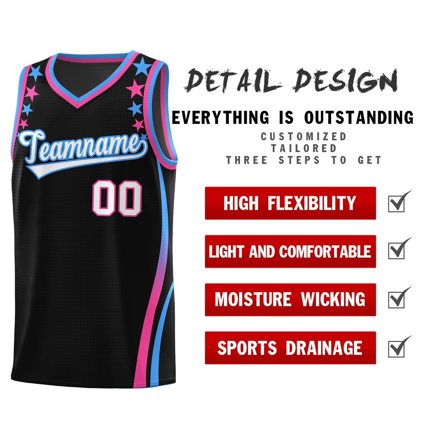 Custom Black Shoulders Star Pattern Side Color Block Sports Uniform Basketball Kits