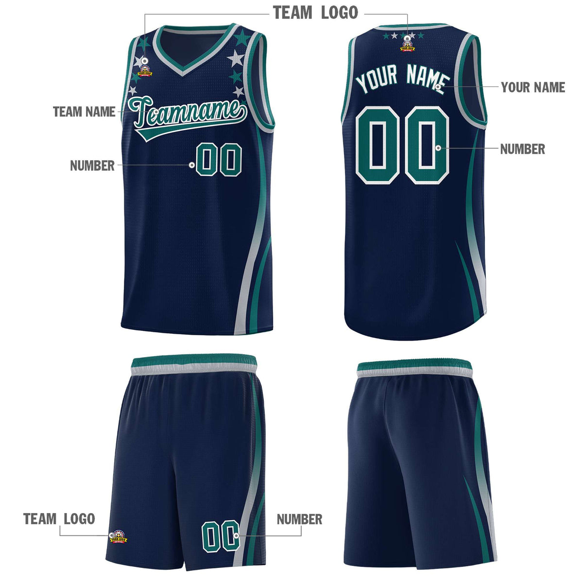 Custom Navy Shoulders Star Pattern Side Color Block Sports Uniform Basketball Kits