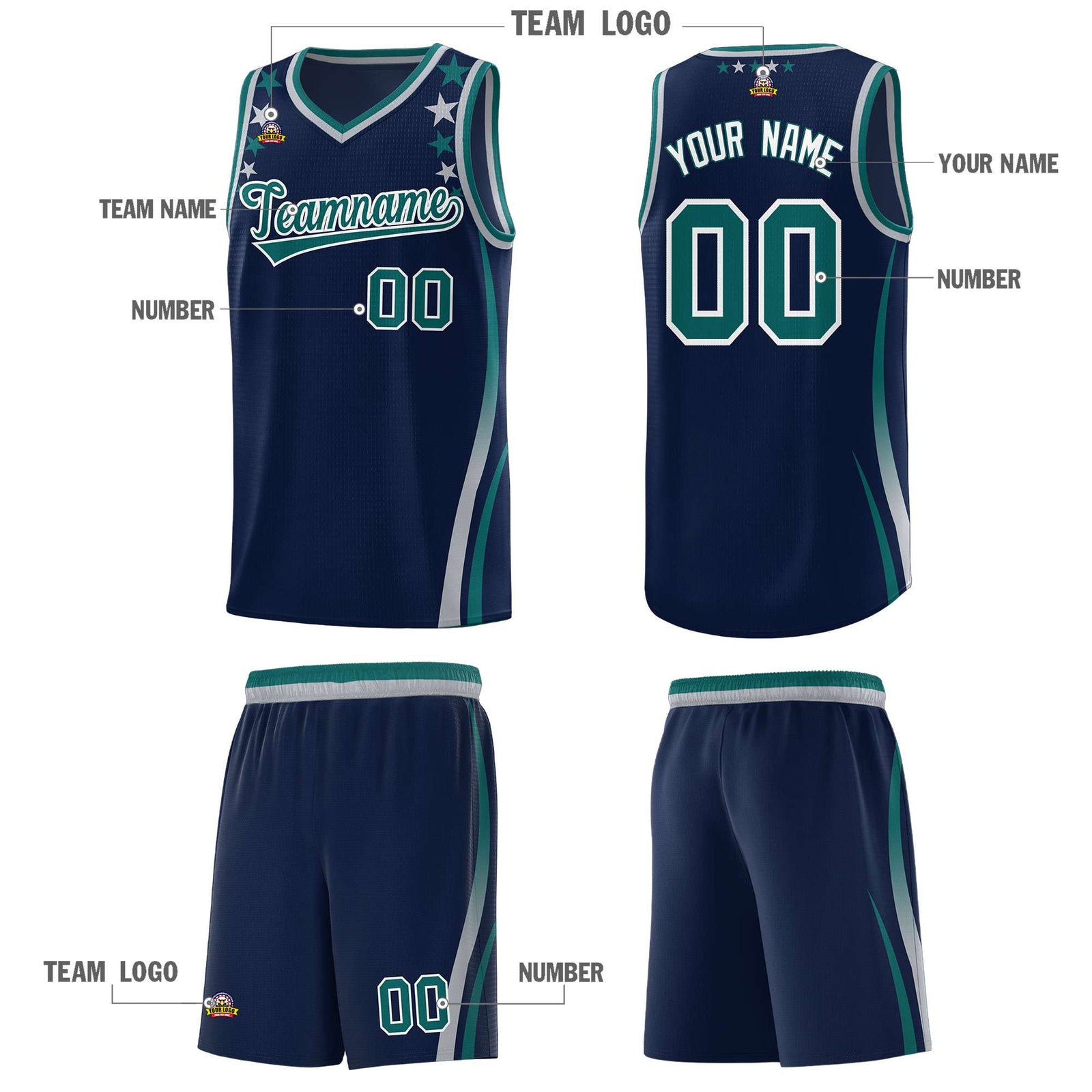 Custom Navy Shoulders Star Pattern Side Color Block Sports Uniform Basketball Kits