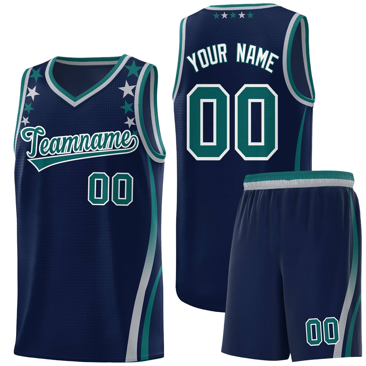Custom Navy Shoulders Star Pattern Side Color Block Sports Uniform Basketball Kits