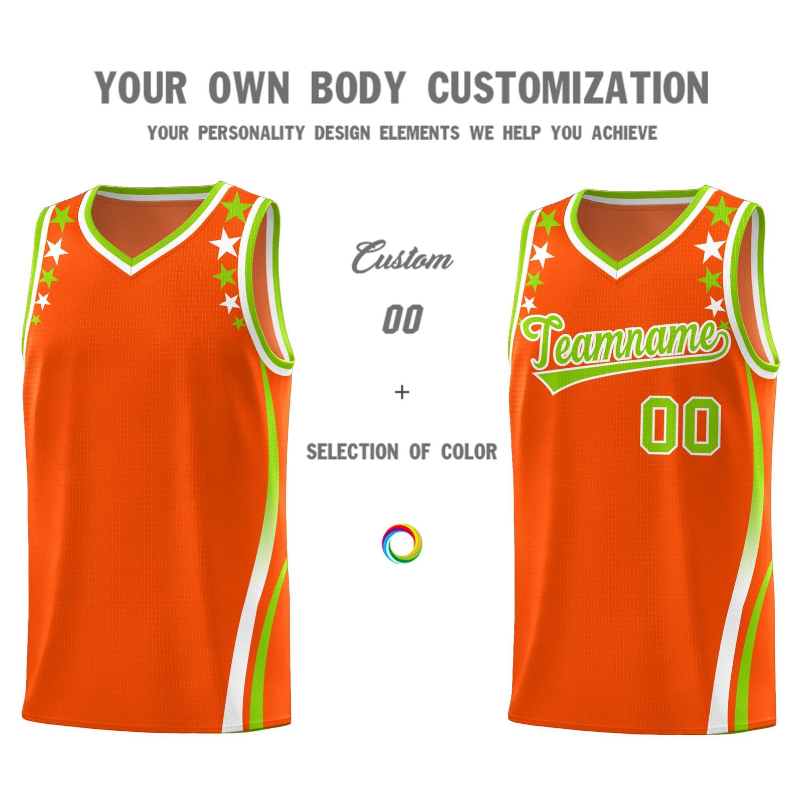 Custom Orange Shoulders Star Pattern Side Color Block Sports Uniform Basketball Kits