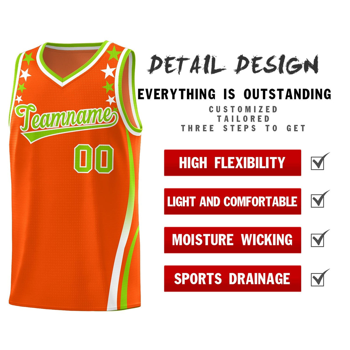 Custom Orange Shoulders Star Pattern Side Color Block Sports Uniform Basketball Kits