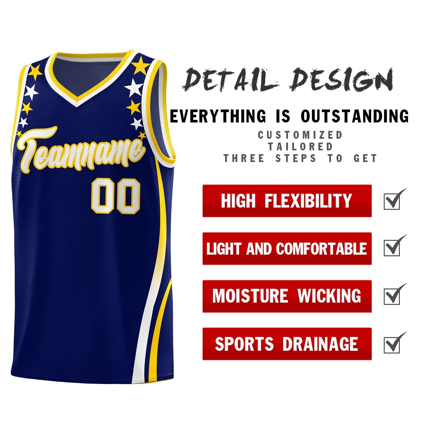 Custom Navy Shoulders Star Pattern Side Color Block Sports Uniform Basketball Kits