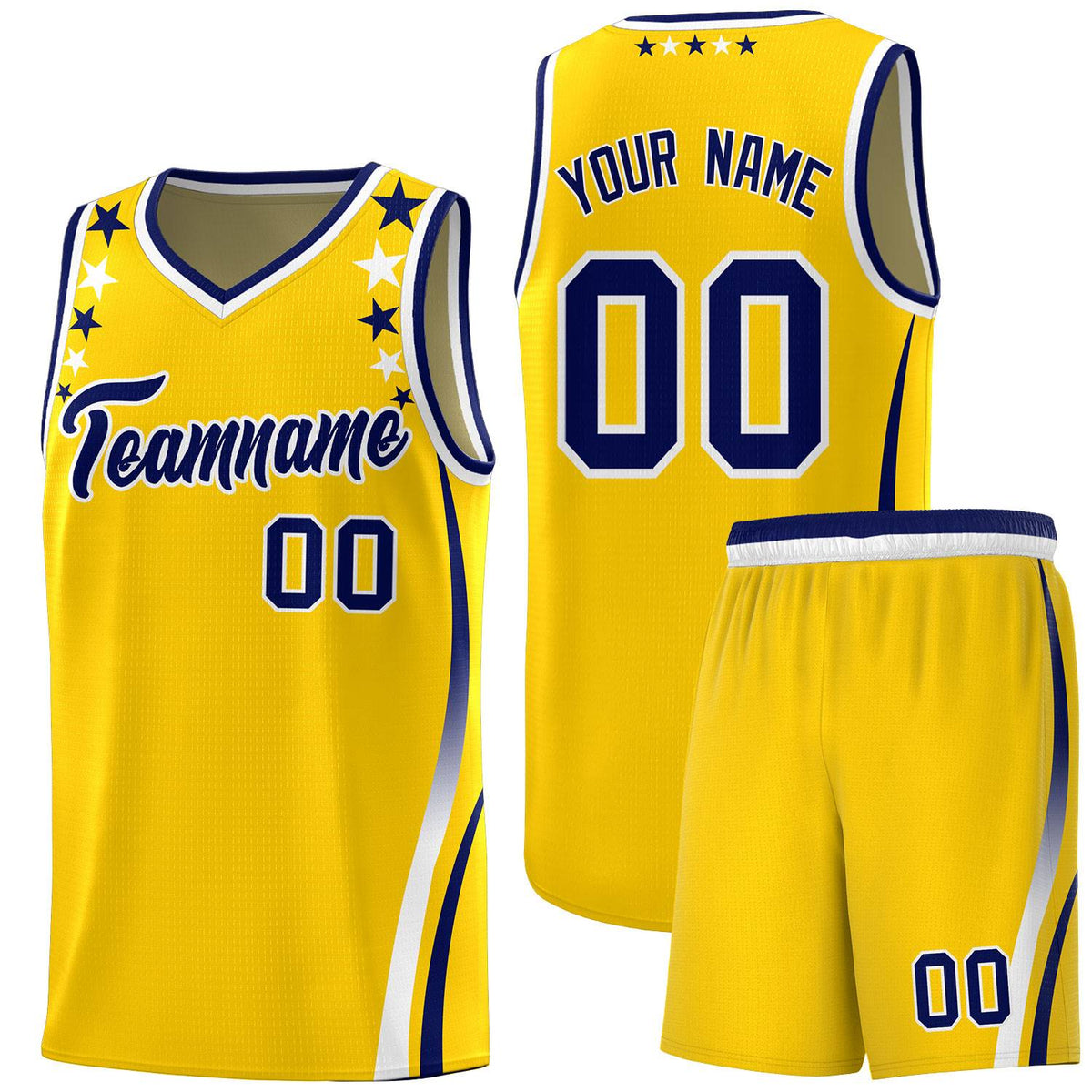 Custom Gold Shoulders Star Pattern Side Color Block Sports Uniform Basketball Kits
