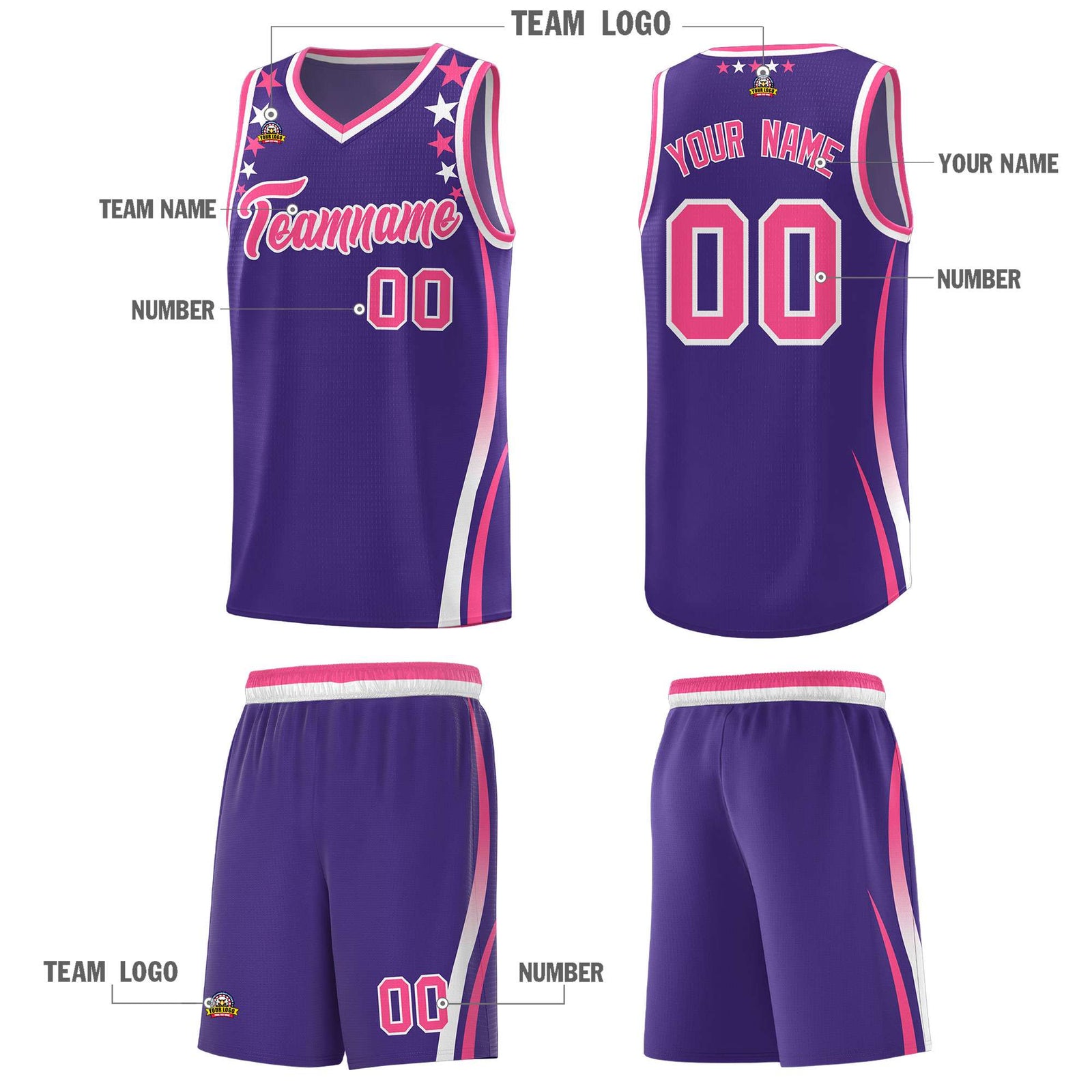 Custom Purple Shoulders Star Pattern Side Color Block Sports Uniform Basketball Kits