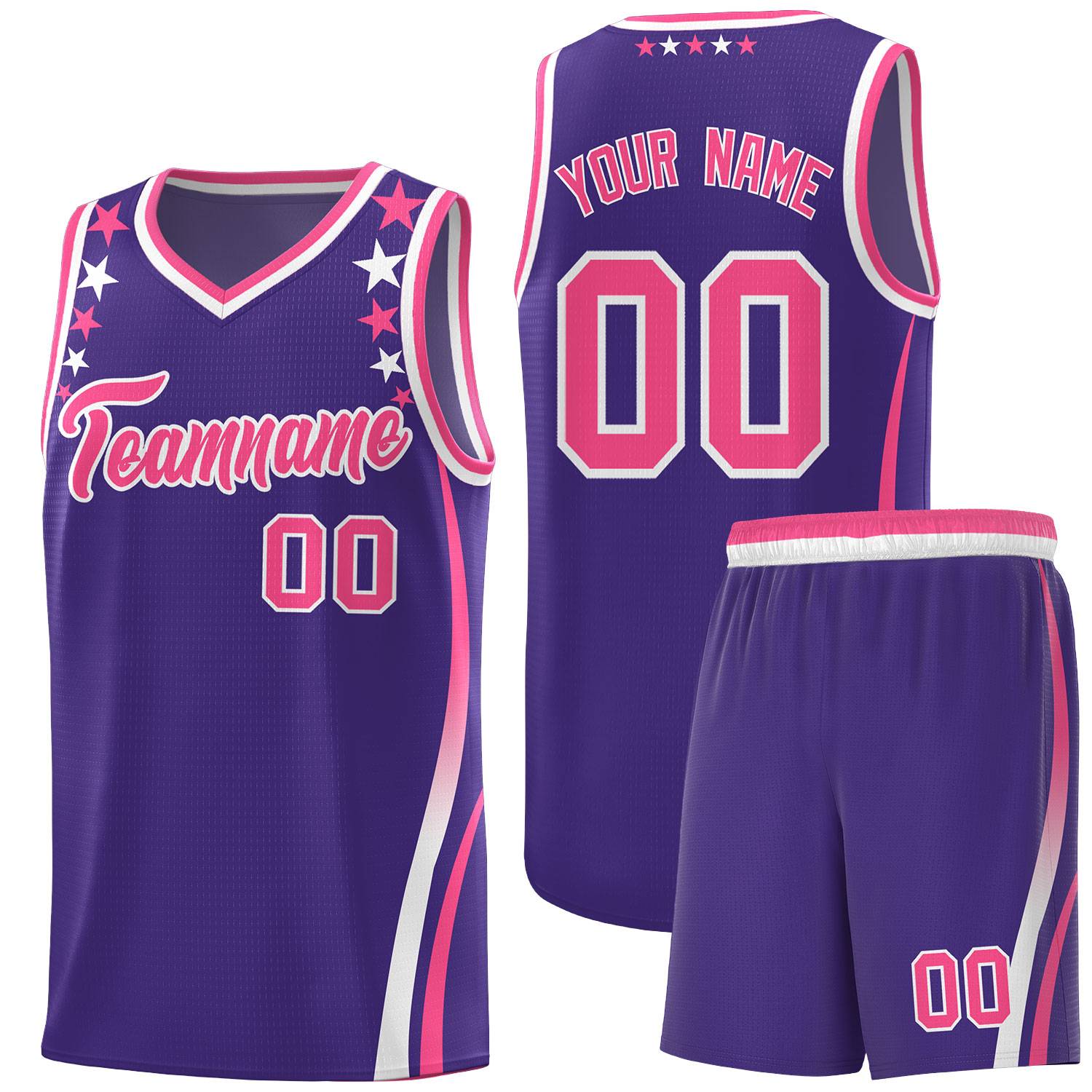 Custom Purple Shoulders Star Pattern Side Color Block Sports Uniform Basketball Kits