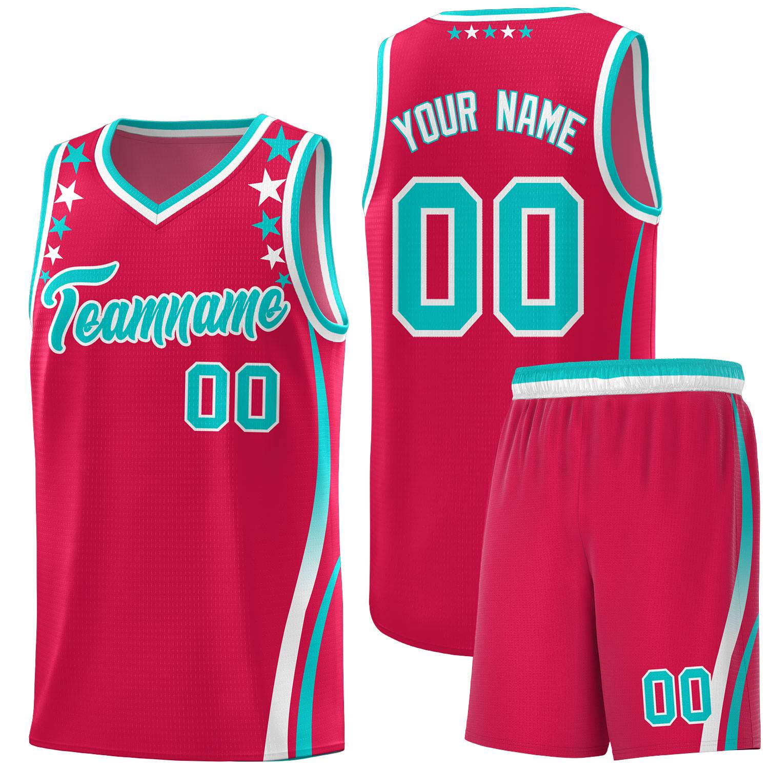 Custom Red Shoulders Star Pattern Side Color Block Sports Uniform Basketball Kits