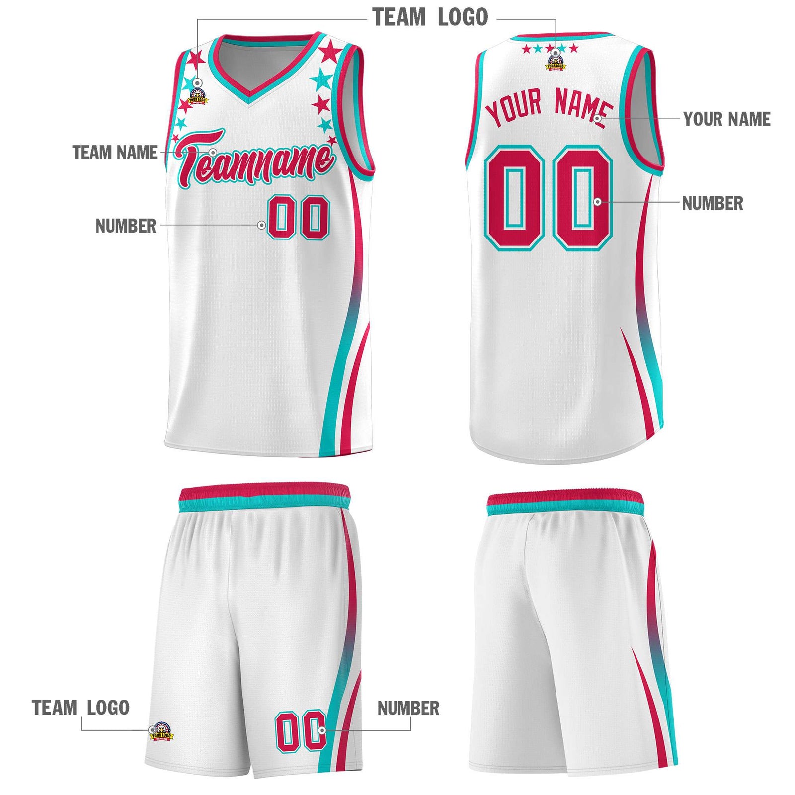 Custom White Shoulders Star Pattern Side Color Block Sports Uniform Basketball Kits