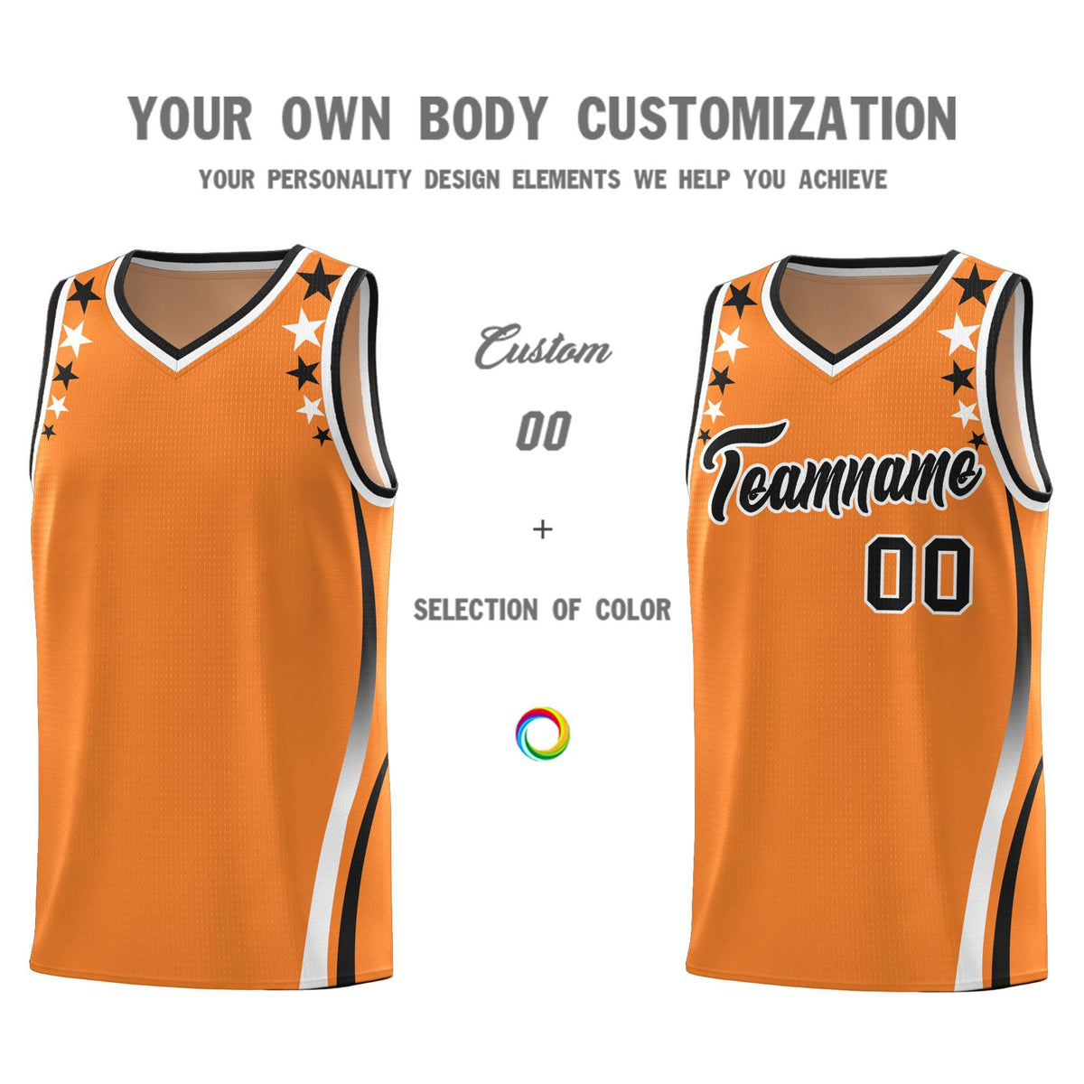 Custom Orange Shoulders Star Pattern Side Color Block Sports Uniform Basketball Kits