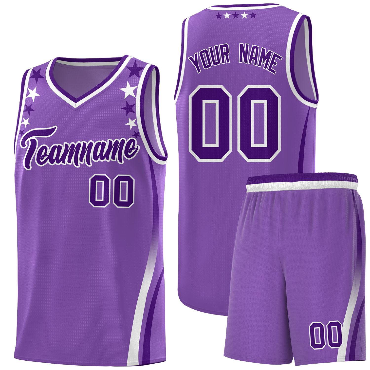 Custom Light Purple Shoulders Star Pattern Side Color Block Sports Uniform Basketball Kits