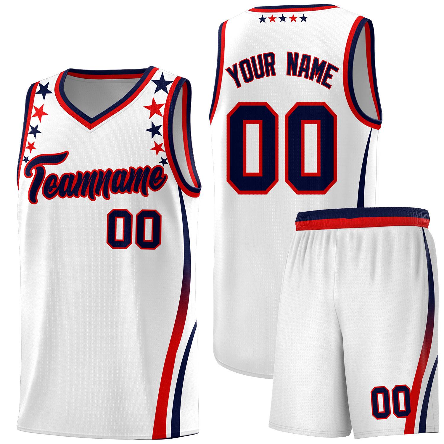Custom White Shoulders Star Pattern Side Color Block Sports Uniform Basketball Kits