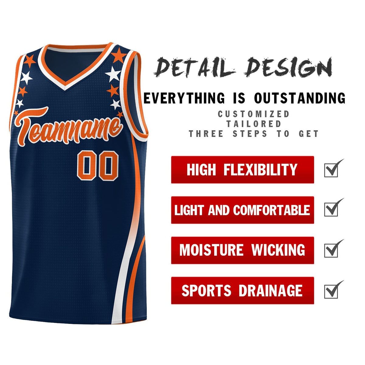 Custom Navy Shoulders Star Pattern Side Color Block Sports Uniform Basketball Kits