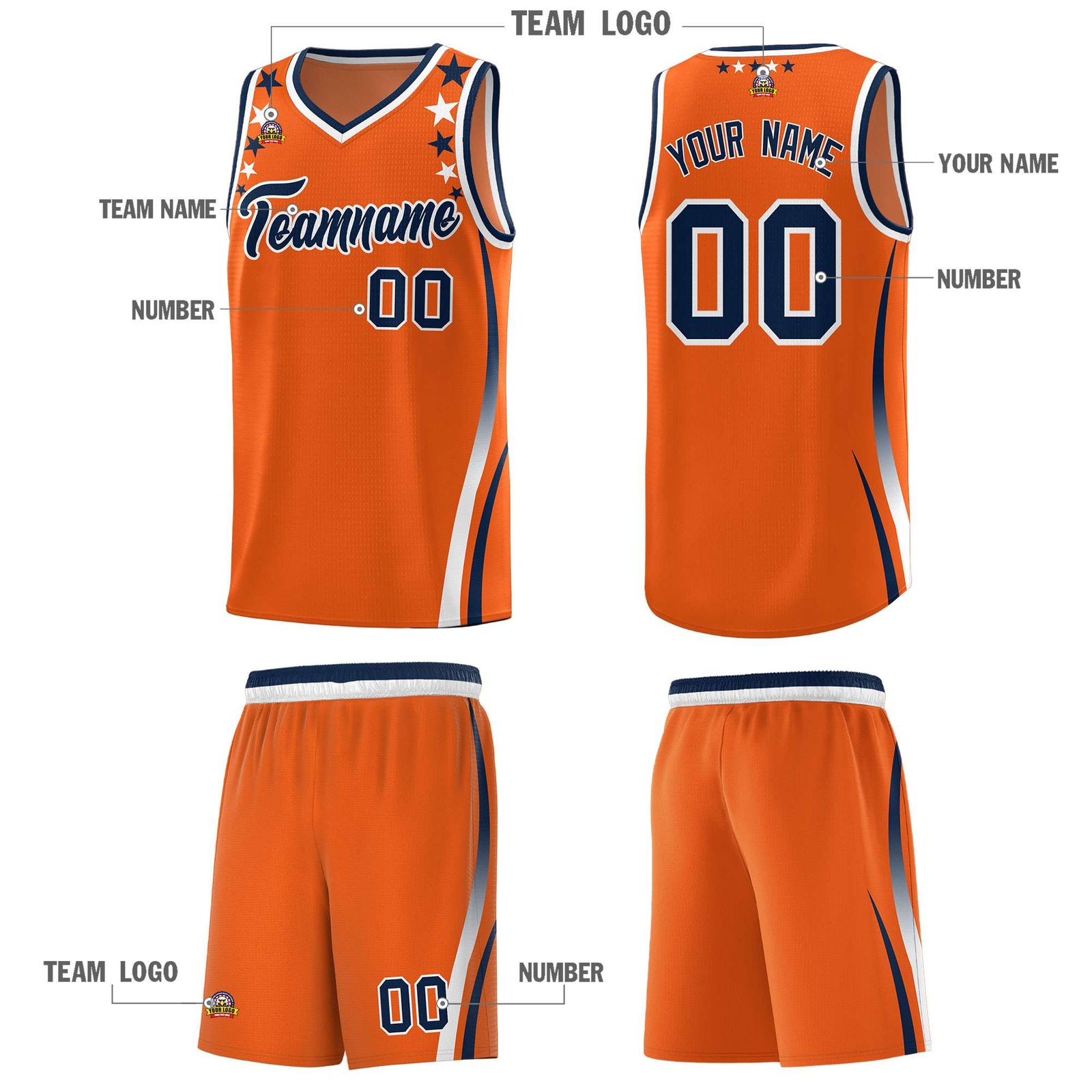 Custom Orange Shoulders Star Pattern Side Color Block Sports Uniform Basketball Kits