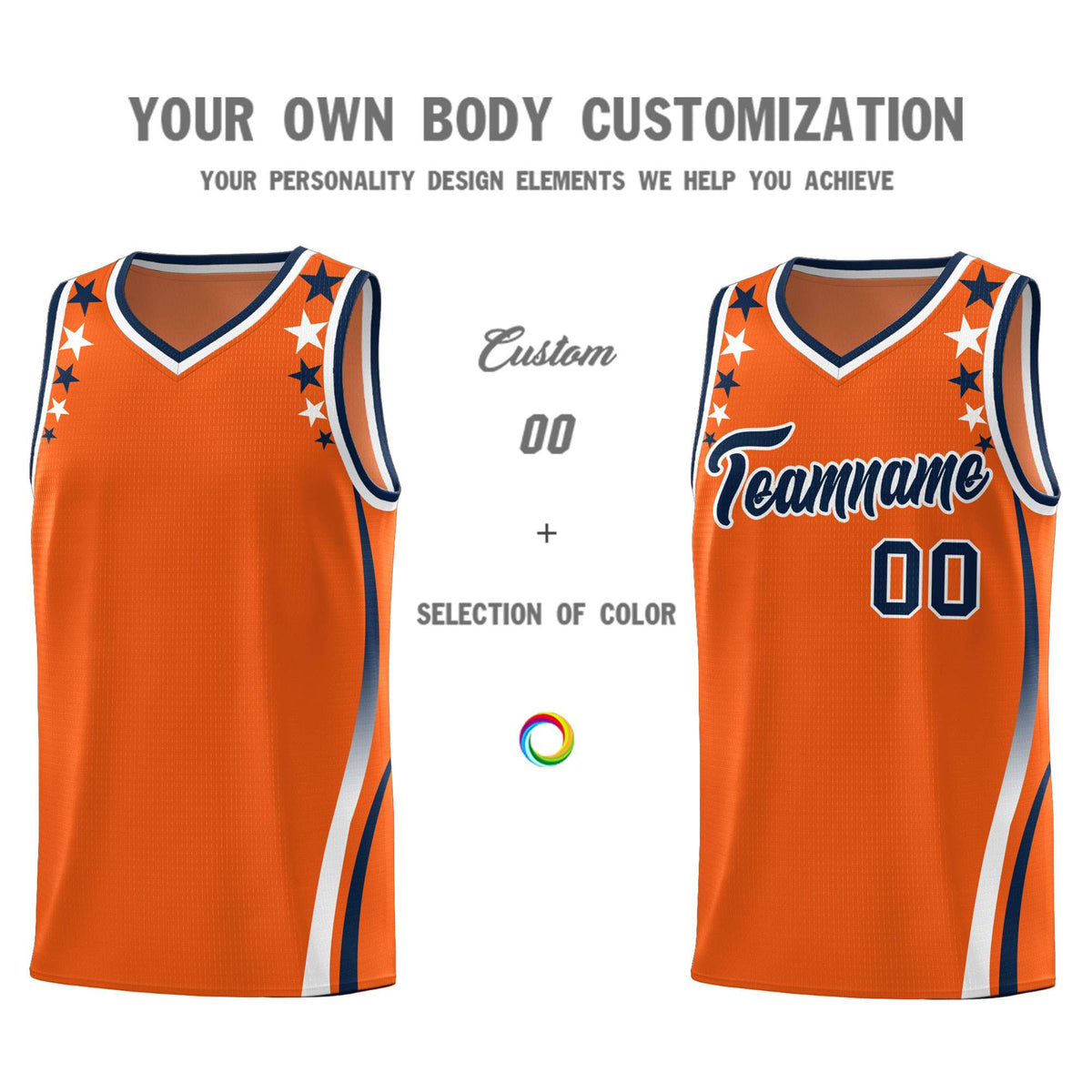 Custom Orange Shoulders Star Pattern Side Color Block Sports Uniform Basketball Kits