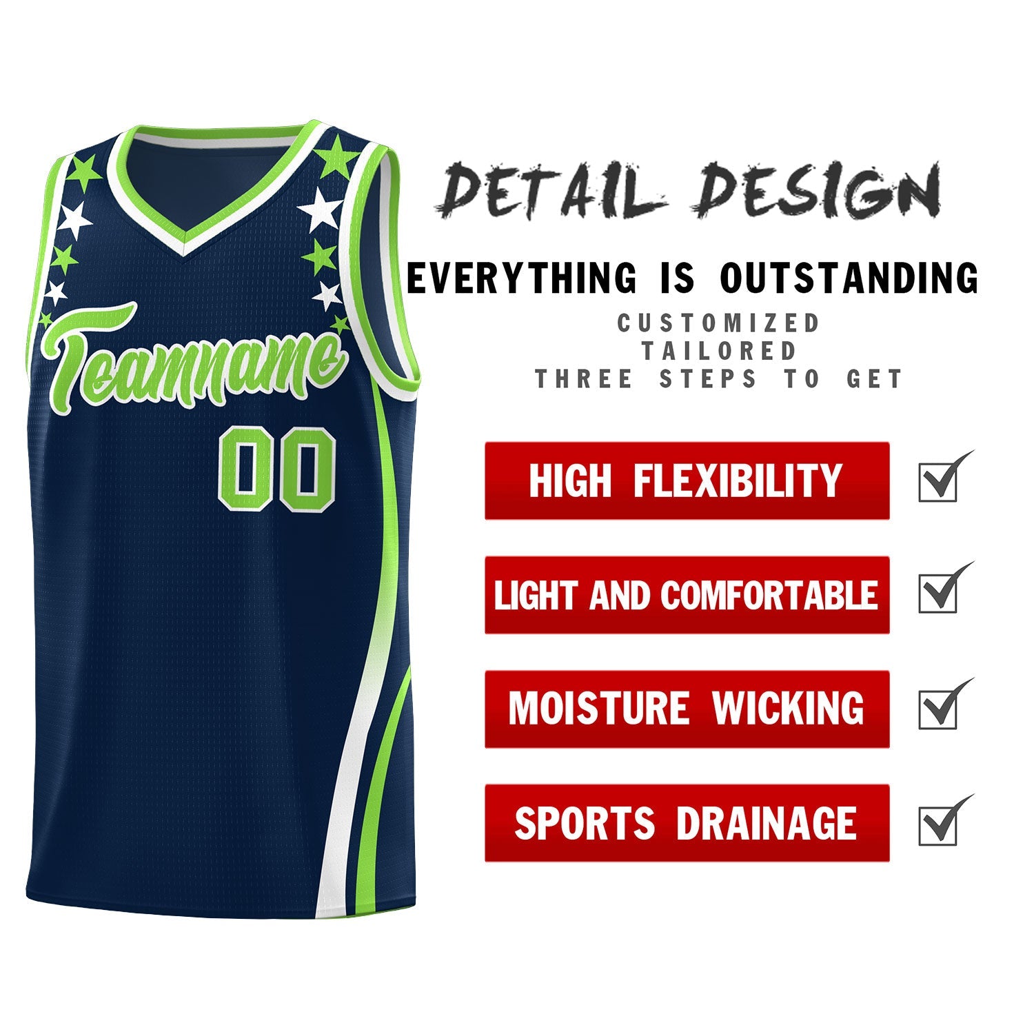 Custom Navy Shoulders Star Pattern Side Color Block Sports Uniform Basketball Kits