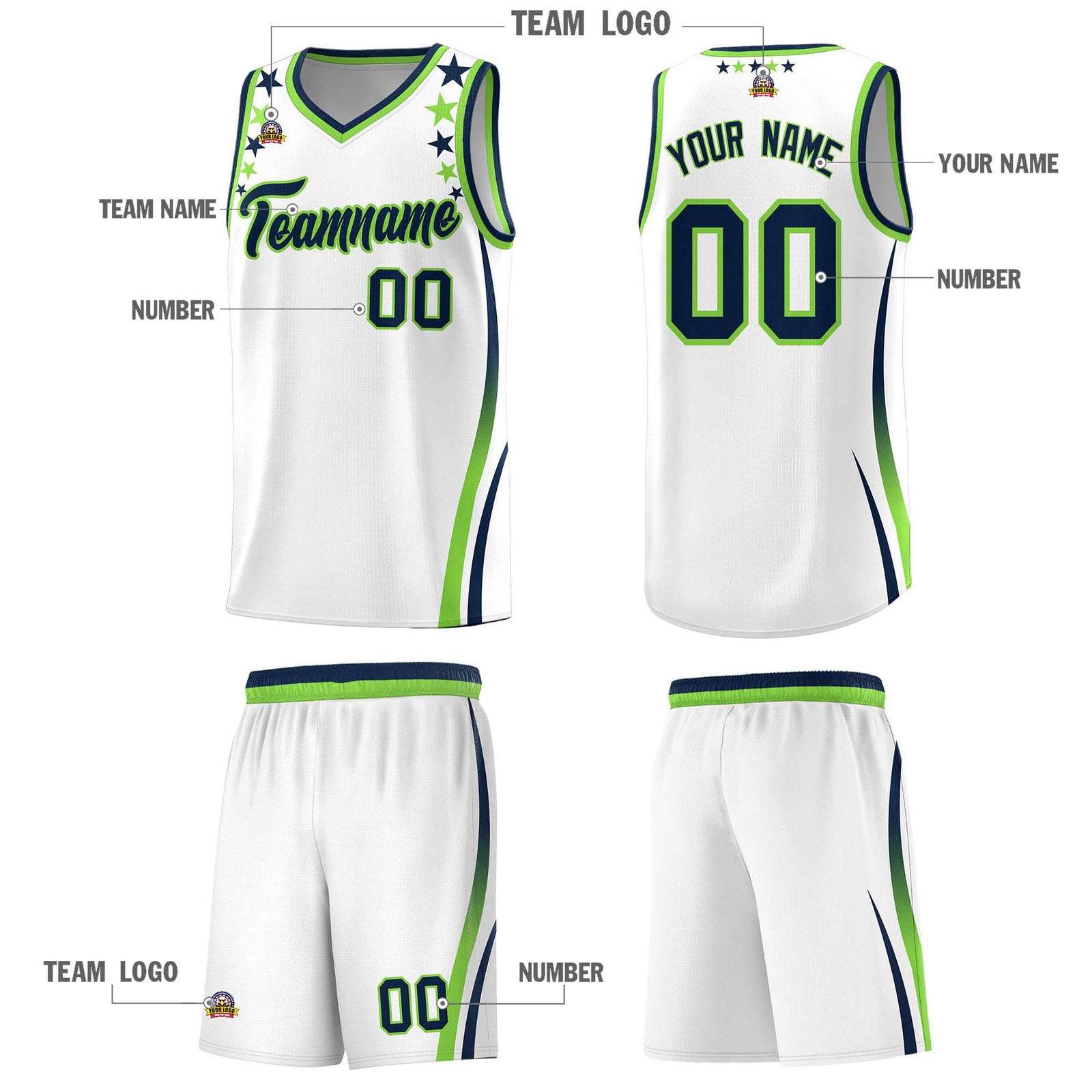 Custom White Shoulders Star Pattern Side Color Block Sports Uniform Basketball Kits