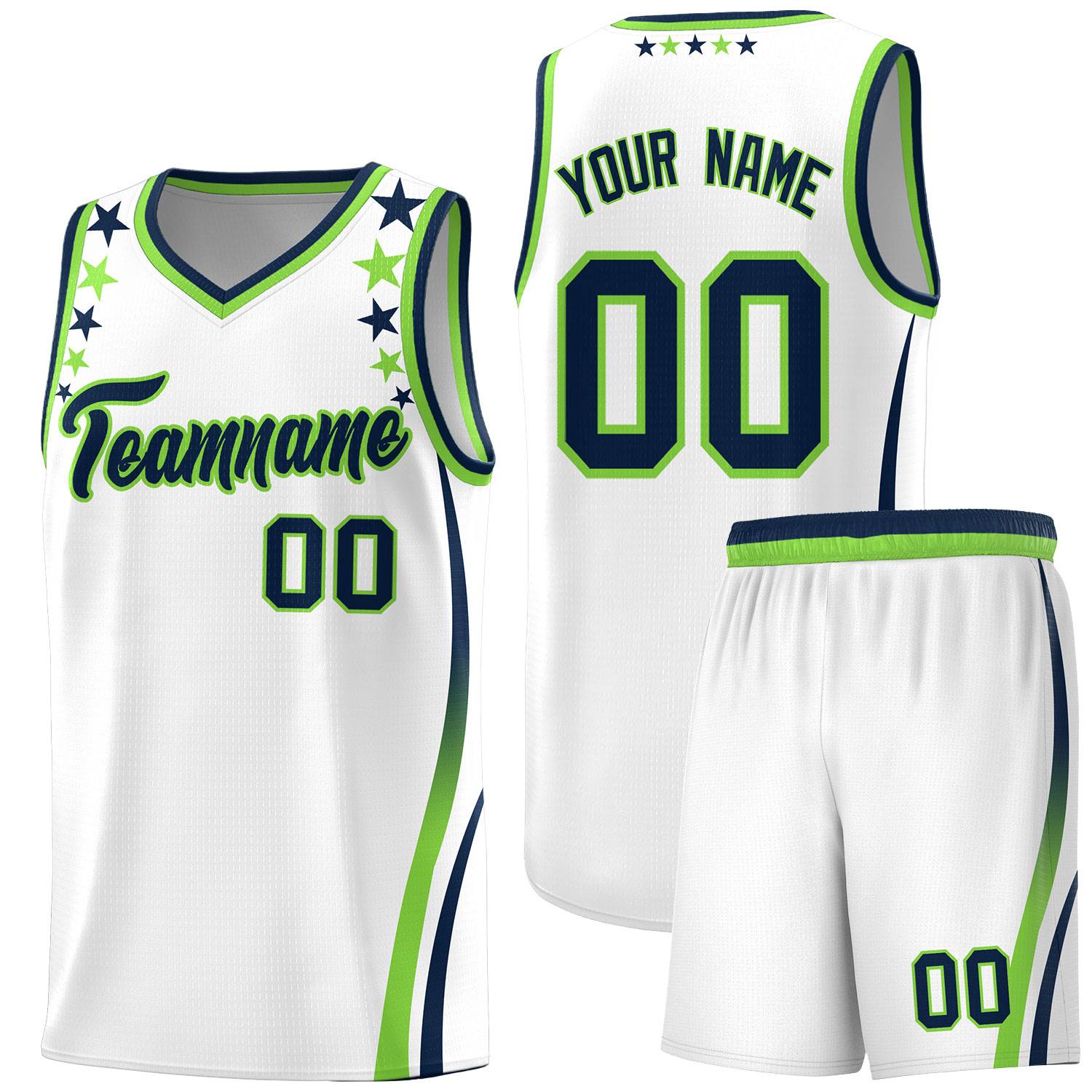 Custom White Shoulders Star Pattern Side Color Block Sports Uniform Basketball Kits