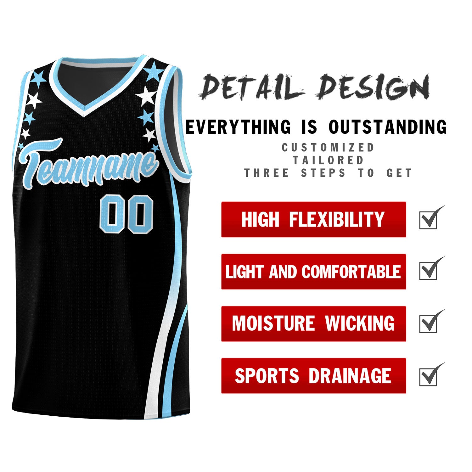 Custom Black Shoulders Star Pattern Side Color Block Sports Uniform Basketball Kits