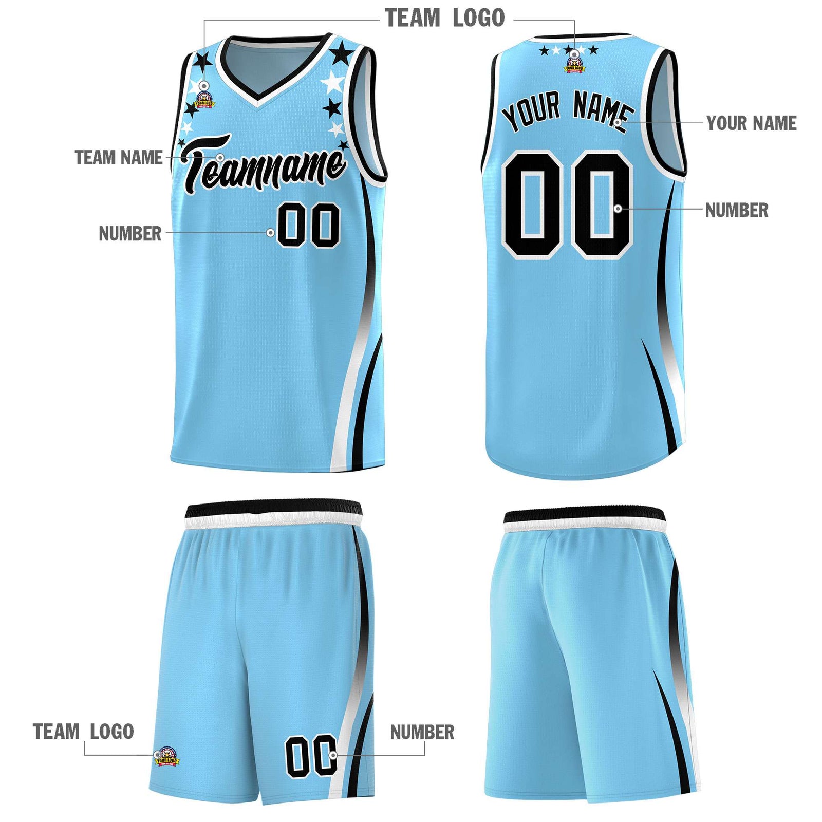 Custom Light Blue Shoulders Star Pattern Side Color Block Sports Uniform Basketball Kits